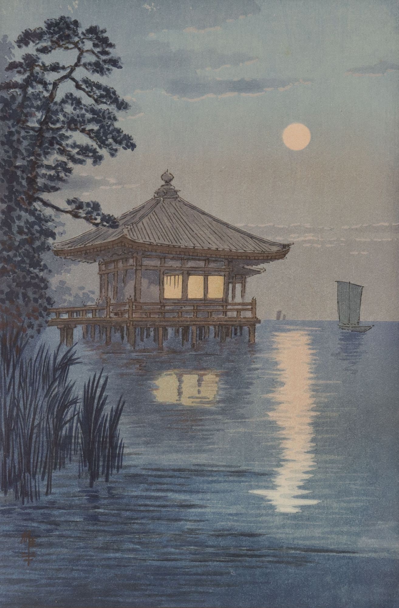 ITO YUHAN (JAPANESE, D.1942) WOODBLOCK PRINT, 'UKIMIDO KATADA LAKE BIWA 1930': Framed woodblock print, "Ukimido Katada Lake Biwa 1930," marked in red kanji at lower left Ito Yuhan (Japanese, 1867-1942), further marked in kanji at lower left margin, the verso stamped "All Rights