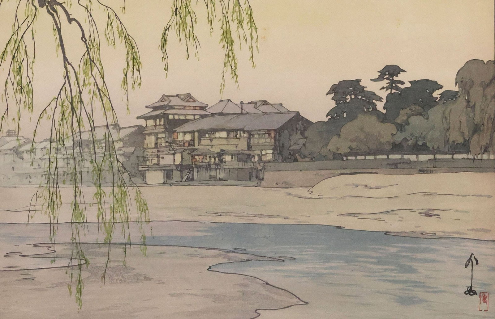 HIROSHI YOSHIDA (1876-1950) JAPANESE WOODBLOCK, 'KAMOGAWA IN KYOTO': Framed shin-hanga woodblock print on paper, "Kamogawa in Kyoto" Hiroshi Yoshida (Japanese, 1876-1950), signed in print lower right with red seal, Romanized pencil signature lower margin, titled,
