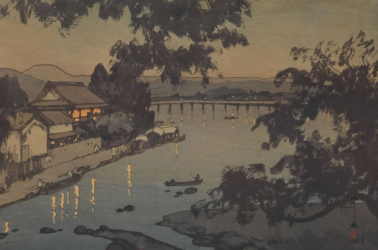 HIROSHI YOSHIDA (1876-1950) JAPANESE WOODBLOCK, 'CHIKUGO RIVER': Framed shin-hanga woodblock print on paper, "Evening on the Chikugo River (Hita Chikugogawa no yoru)," Hiroshi Yoshida (Japanese, 1876-1950), signed in print lower right with red seal, Romanized