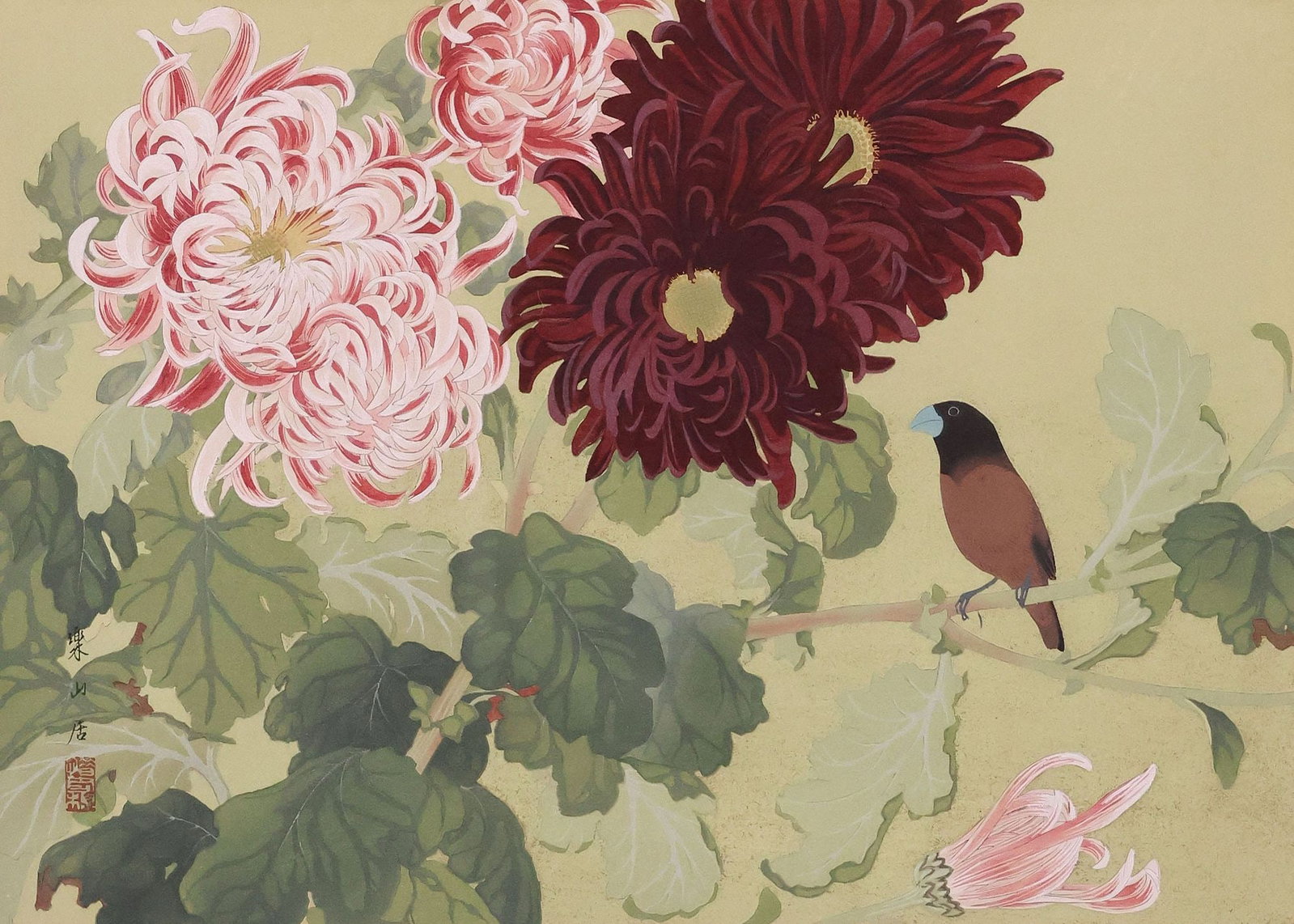 RAKUSAN TSUCHIYA (1896-1976) JAPANESE WOODBLOCK PRINT, 'CHRYSANTHEMUMS': Framed woodblock print on paper, "Chrysanthemum and Black-headed Munia (Early Winter), signed lower left Rakusanju (Rakusan Tsuchiya, Japanese, 1896-1976) with red seal, from the "Rakusan Kachou Gafu
