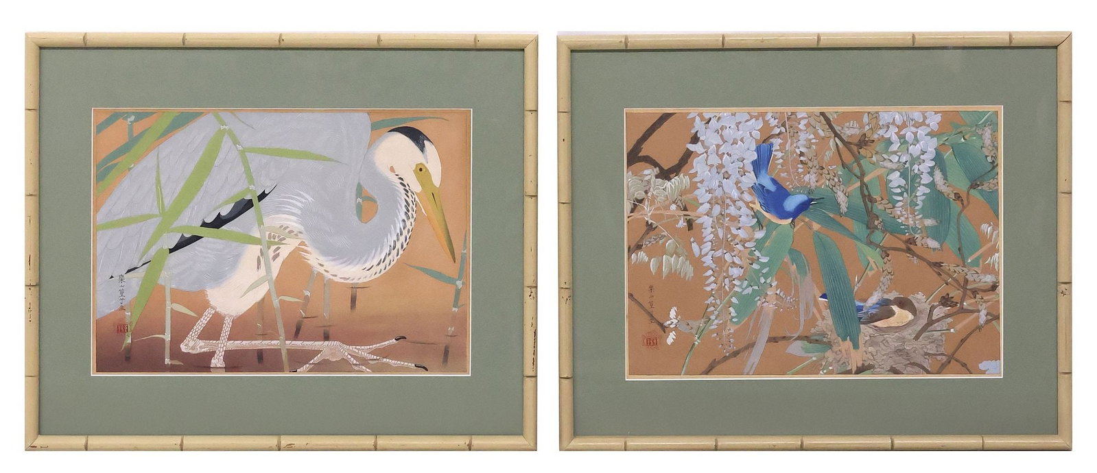(2) RAKUSAN TSUCHIYA (1896-1976) JAPANESE WOODBLOCK PRINT, BIRDS & FLOWERS SERIES: (lot of 2) Framed woodblock prints on paper, each signed lower left Rakusan Tsuchiya (Japanese, 1896-1976) with red seal, from the "Rakusan Kachou Gafu (Rokusan's Album of Birds and Flowers)" series,