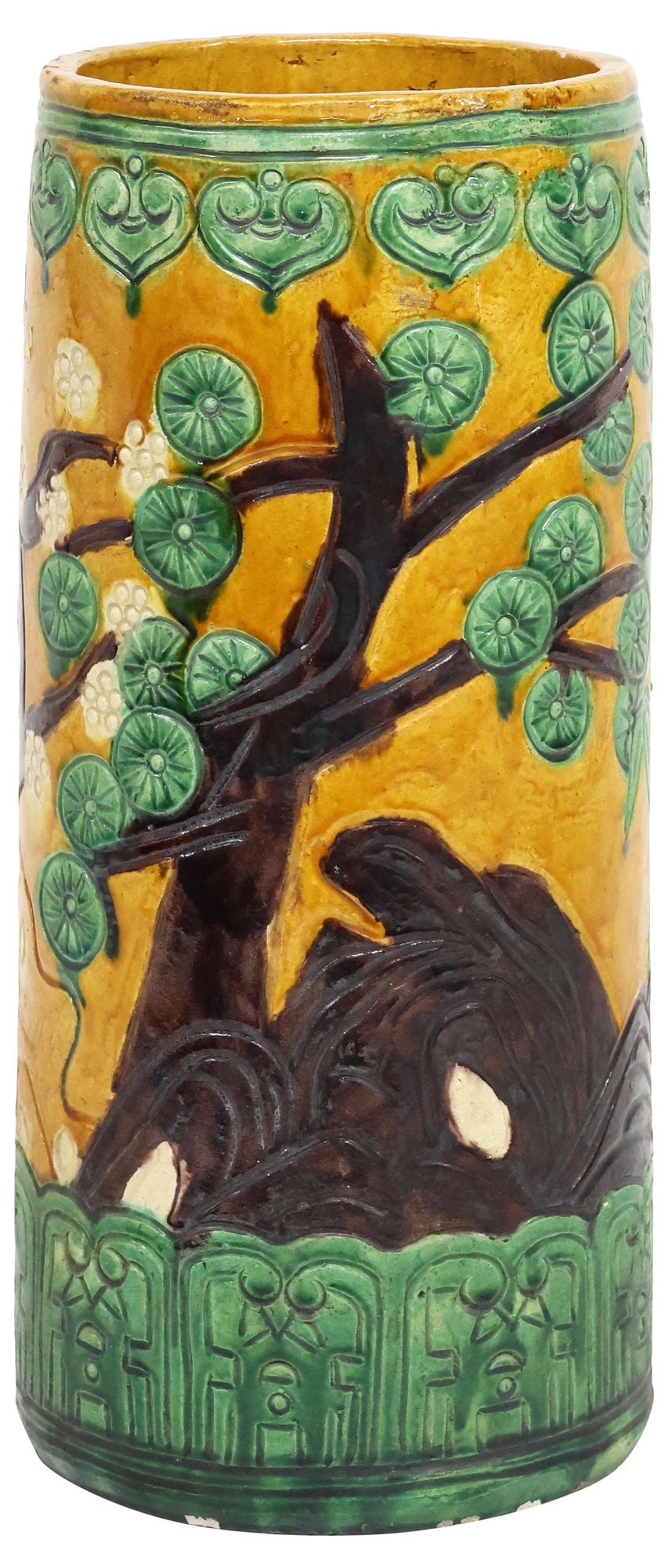 CHINESE SANCAI GLAZED POTTERY UMBRELLA / STICK STAND: Chinese Sancai-glazed pottery umbrella/ stick stand, cylindrical body with flowering trees and landscape motifs, geometric lower trim, approx 18.5"h, 8"diam, 19lbs