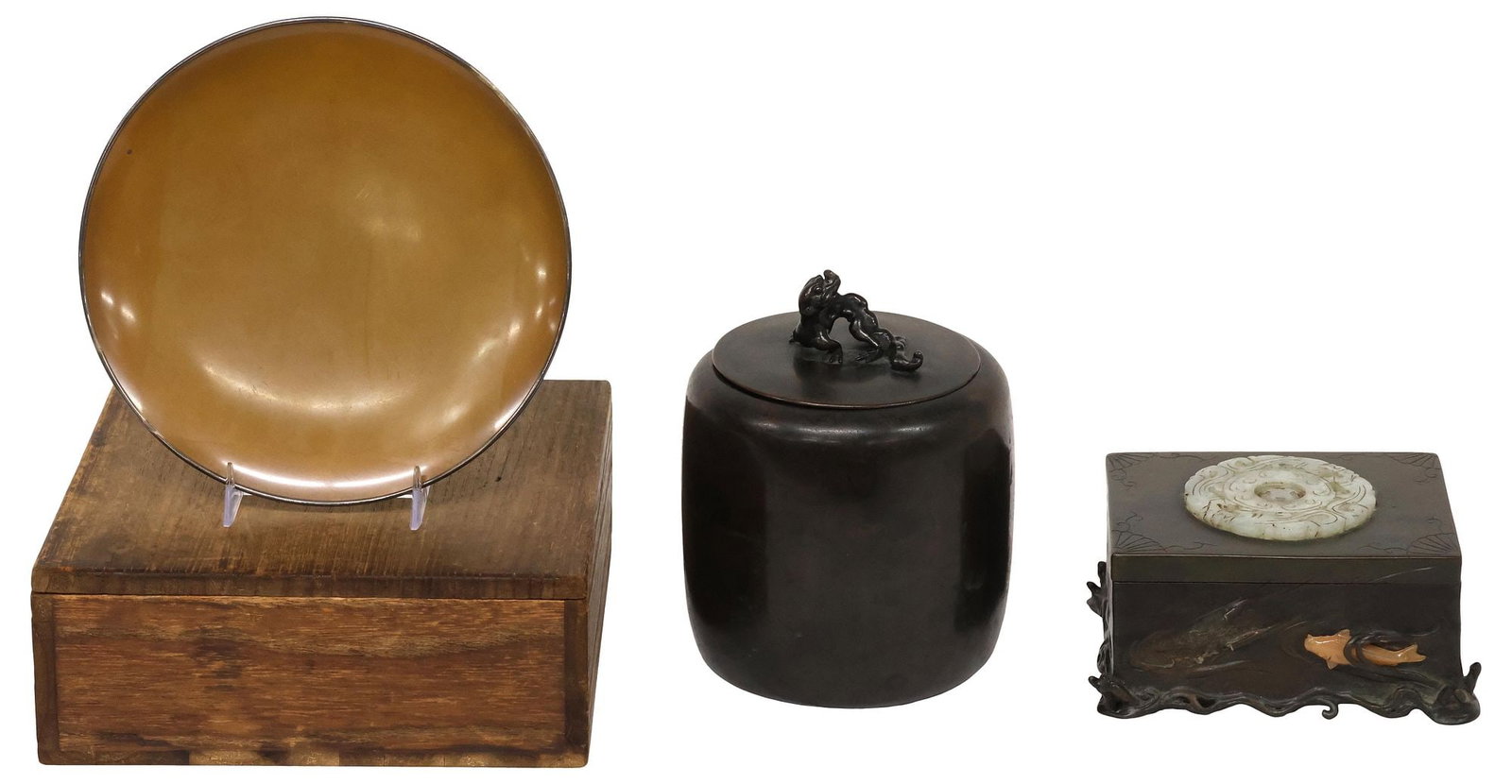 (7) CHINESE HARDSTONE-MOUNTED BRONZE BOX & JAPANESE TABLE ARTICLES (1 of 9)