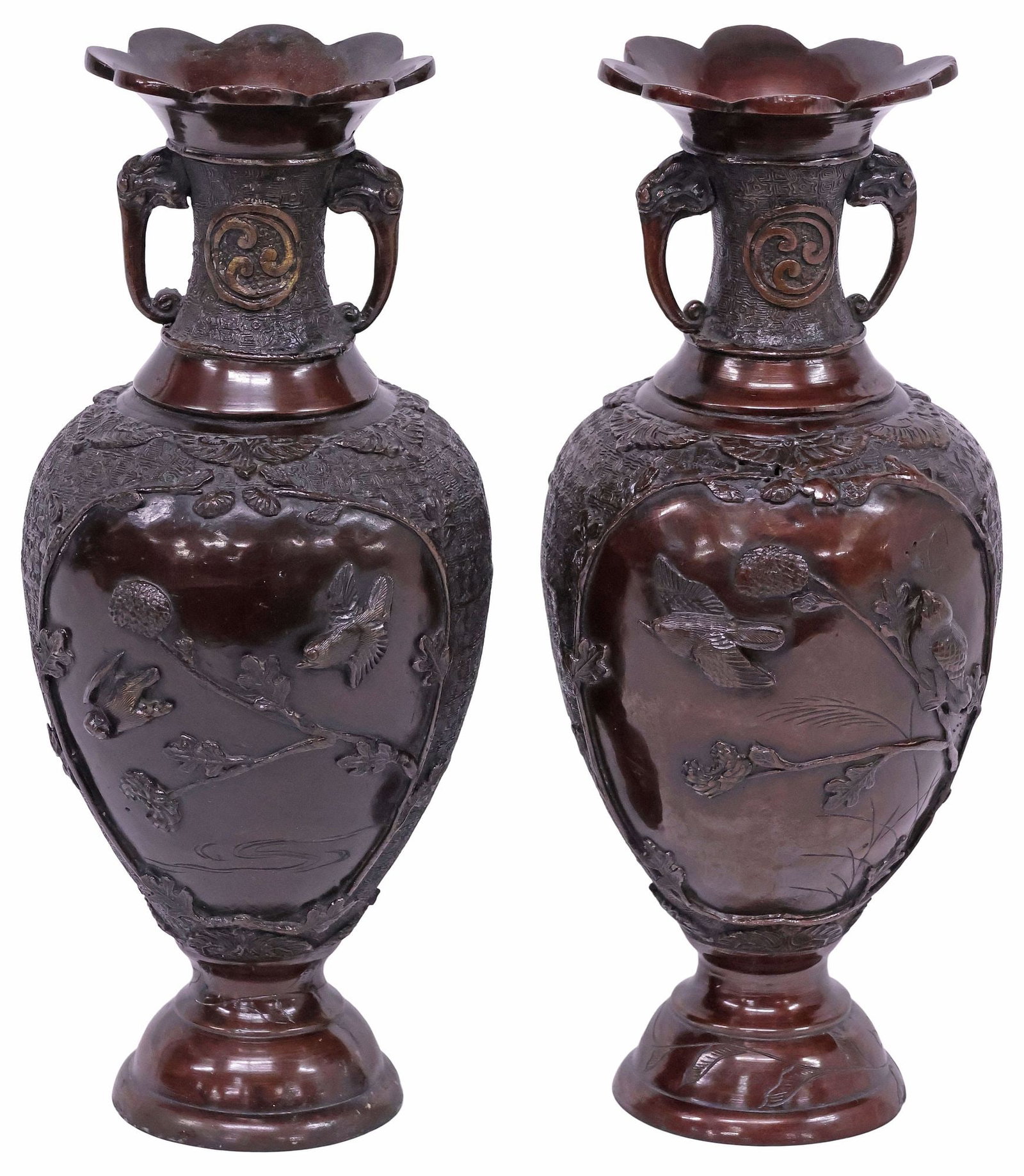 (2) JAPANESE BRONZE AMPHORA-FORM RELIEF VASES, FINE PATINA (1 of 6)
