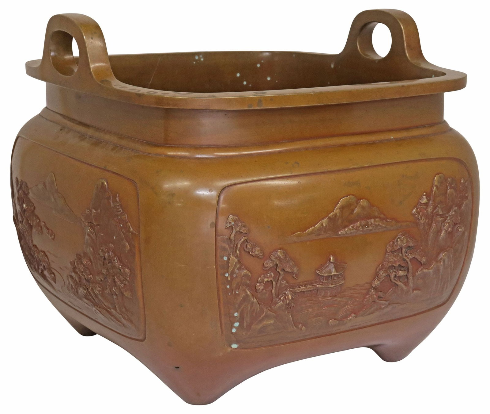 LARGE JAPANESE MEIJI PATINATED BRONZE RELIEF CENSER OR PLANTER (1 of 12)