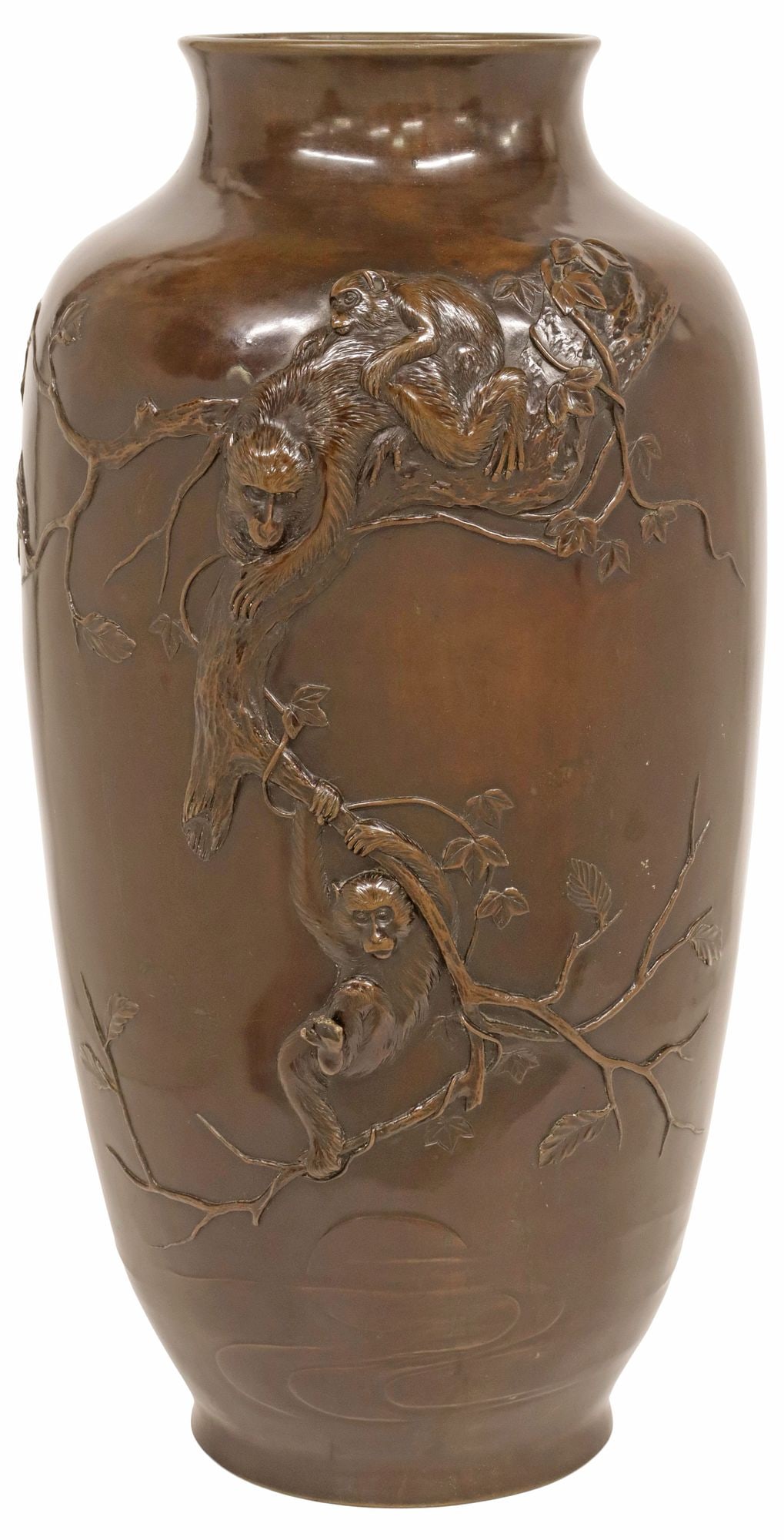 SIGNED SEIUNSAI JAPANESE PATINATED BRONZE 'MONKEYS' VASE, 17.5"H: Large Japanese patinated bronze vase, narrow and gently flared rim, over smooth tapering body with family of monkeys climbing and swinging from tree branches in relief, signed Seiunsai underfoot,