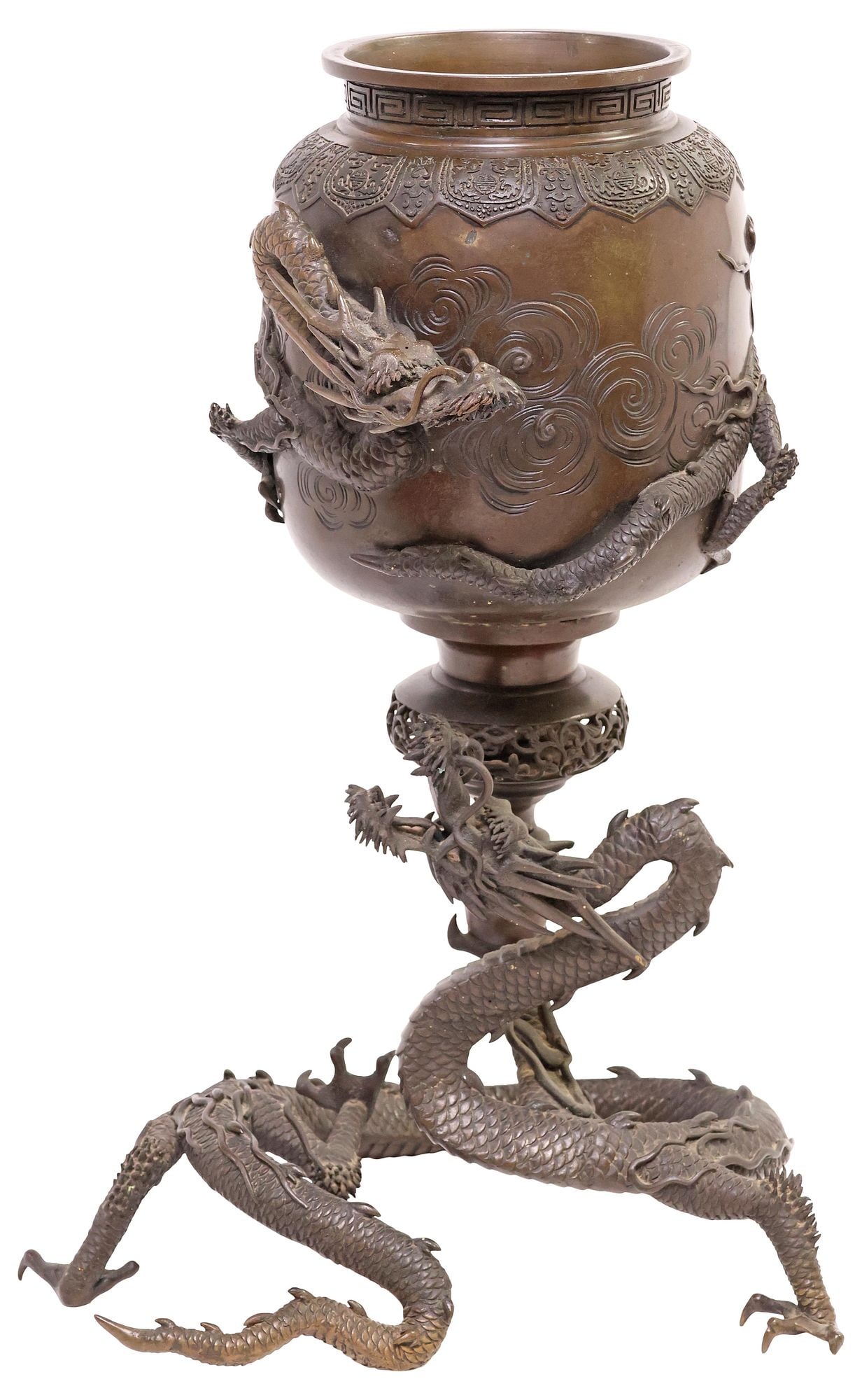 JAPANESE PATINATED BRONZE 'DUELING DRAGONS' VASE, 20"H: Japanese patinated bronze vase, of bulbous form with cast auspicious clouds, rising on contorted dragon-form base with mouth agape, dueling with another dragon intertwined around the vessel, approx