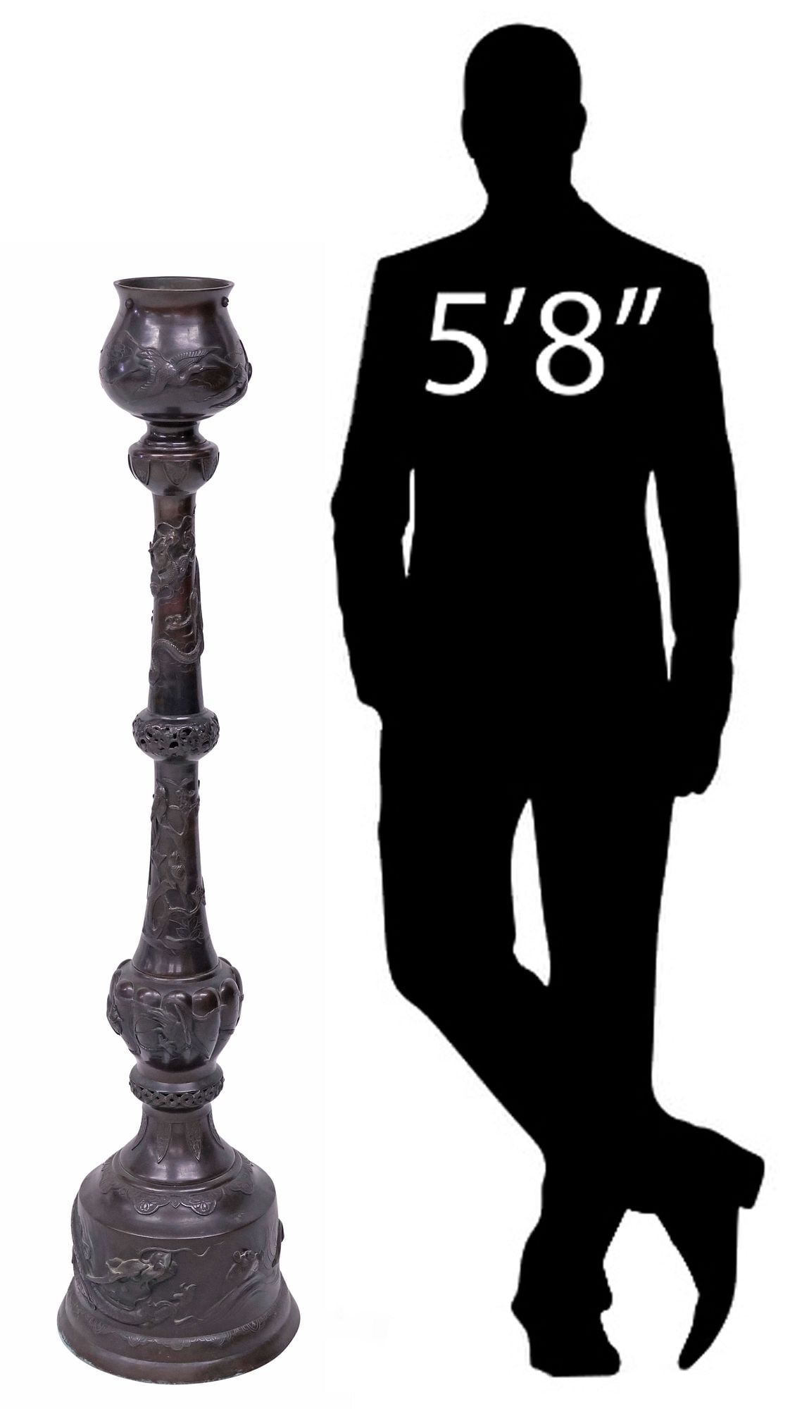 JAPANESE MEIJI BRONZE 'DRAGON & BIRD' FLOOR LAMP BASE IN RELIEF, 59.5"H (1 of 8)