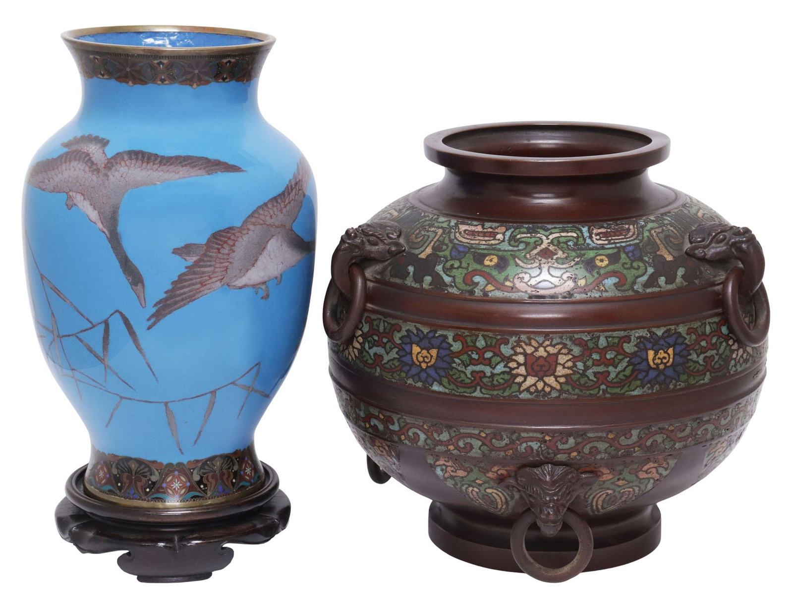 (2) JAPANESE CHAMPLEVE ENAMELED BRONZE CENSER & MUSEN-JIPPO VASE: (lot of 2) Japanese enameled vessels, including: (1) patinated bronze censer, with concentric registers of champleve florals and vine tracery, centering archaic style taotie mask, encircled by six cap