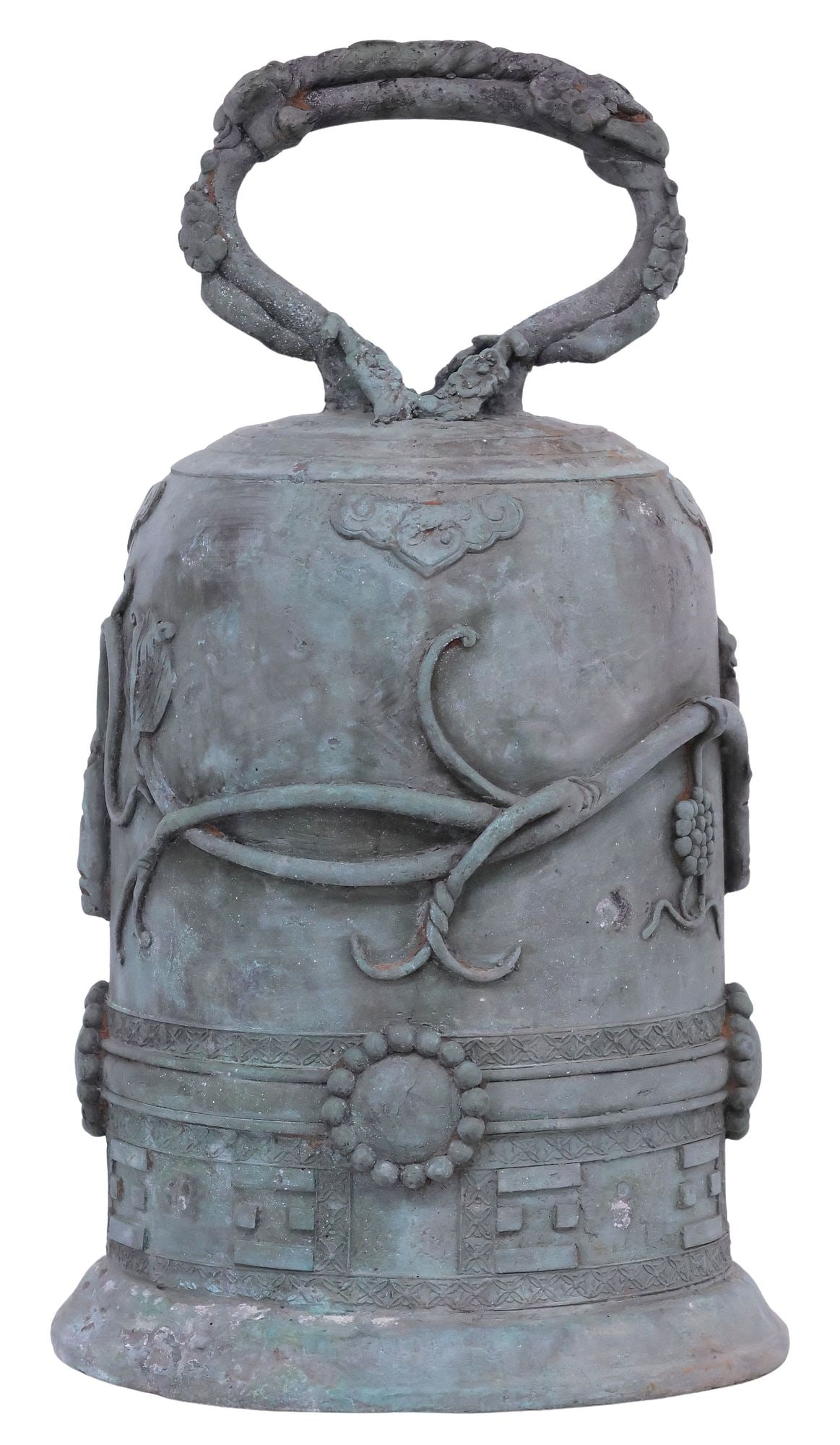LARGE ASIAN VERDIGRIS-PATINATED BRONZE TEMPLE BELL WITH GRAPEVINE MOTIFS: Large Asian patinated bronze temple bell, in a verdigris patina, with top handle molded as a twisted vine, central grapevine motifs, over flared base, lacking clapper, approx 14.25"h, 7 5/8"diam, 8.5l