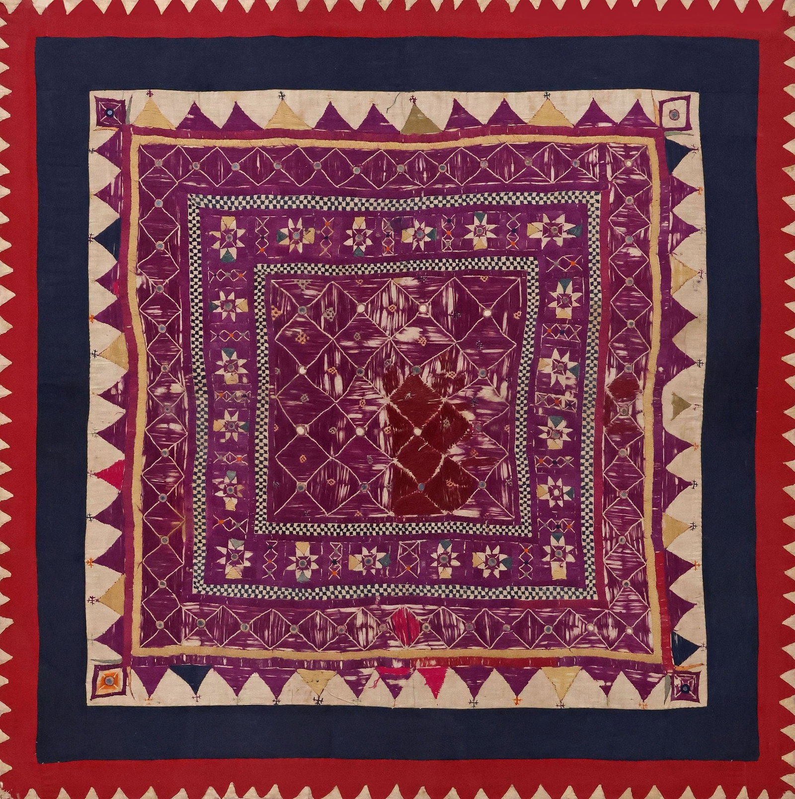 LARGE FRAMED SOUTHEAST ASIAN TEXTILE, GEOMETRIC EMBROIDERY & MIRRORED INSETS (1 of 3)