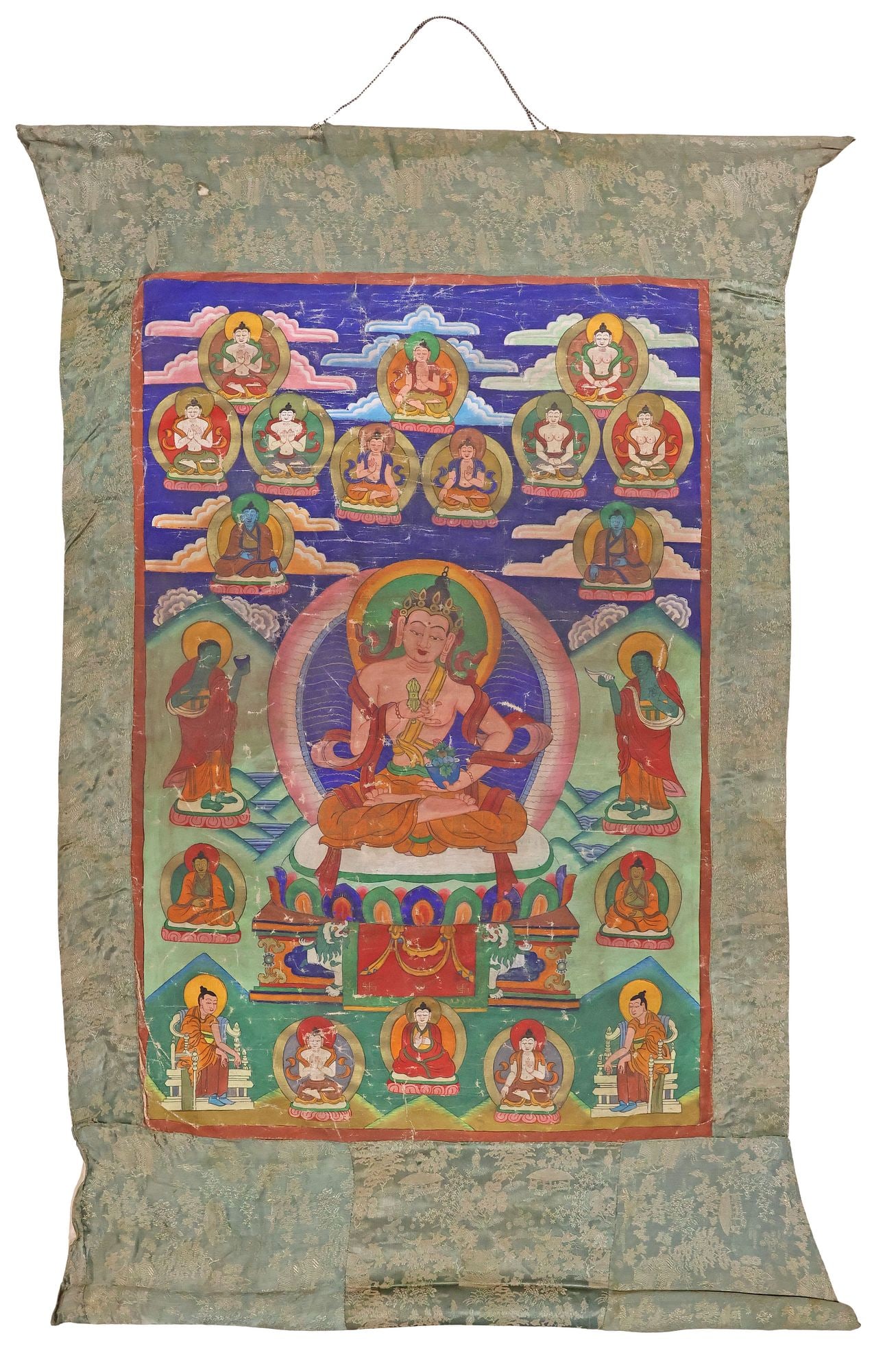 TIBETAN BUDDHIST 'AMITAYUS BUDDHA' PAINTED THANGKA HANGING SCROLL: Tibetan Buddhist Thangka scroll painting on cloth, centrally depicting the Amitayus Buddha of infinite life seated in padmasana atop the Simhasana lion throne, encircled by Arhats, devotional figures,