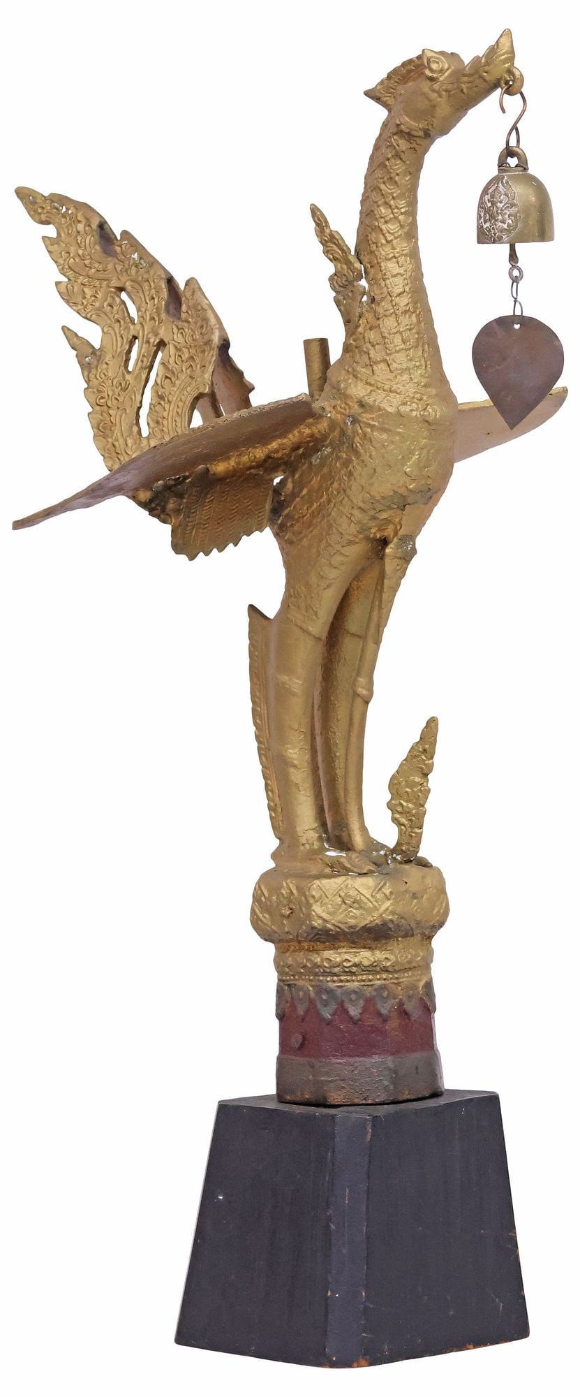 LARGE THAI GILT-PAINTED METAL HAMSA TEMPLE SCULPTURE WITH BELL, 25.5"H: Large Southeast Asian cast metal sculpture or ceremonial temple bird, Thailand, modeled as a standing hamsa/ hongsa phoenix or bird, in a gilt-painted finish, the mouth hung with a bell depicting a Hi