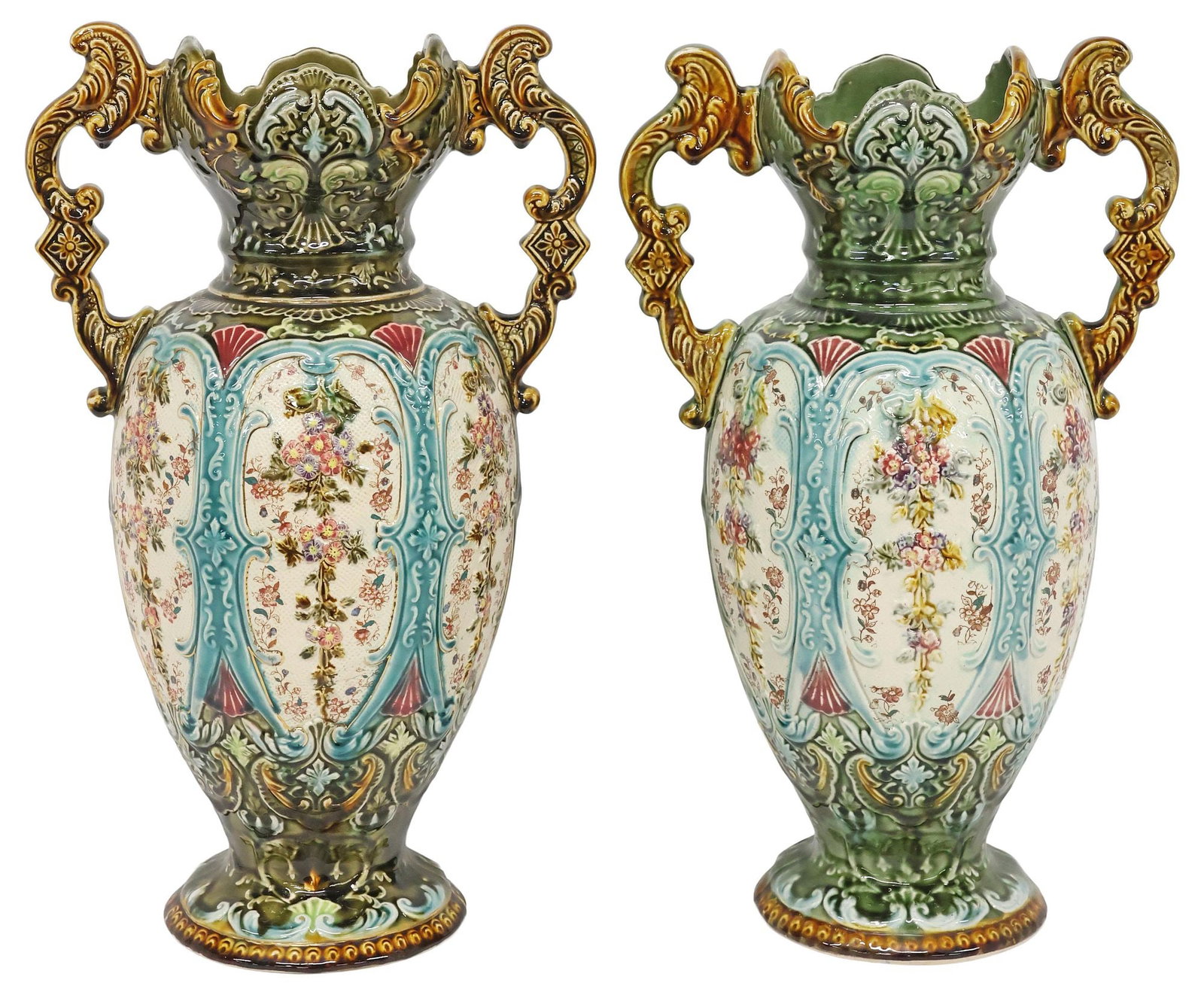 (2) ART NOUVEAU PERIOD MAJOLICA HANDLED GARNITURE VASES (1 of 5)