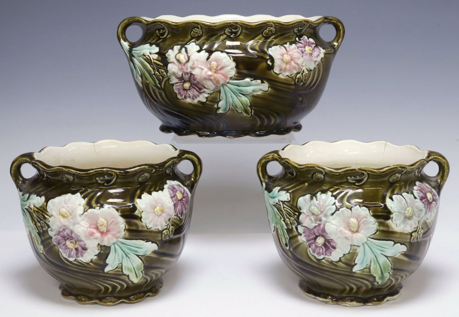 (3) FRENCH GUSTAVE DE BRUYN ART NOUVEAU MAJOLICA GARNITURE SET (1 of 4)