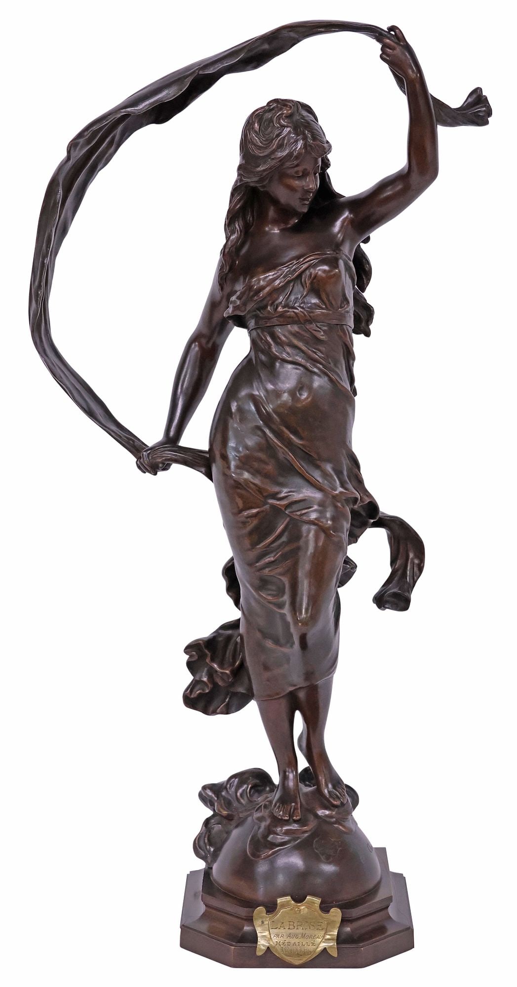 AFTER AUGUSTE MOREAU (D.1917) BRONZE SCULPTURE, 'LA BRISE', 25"H (1 of 8)
