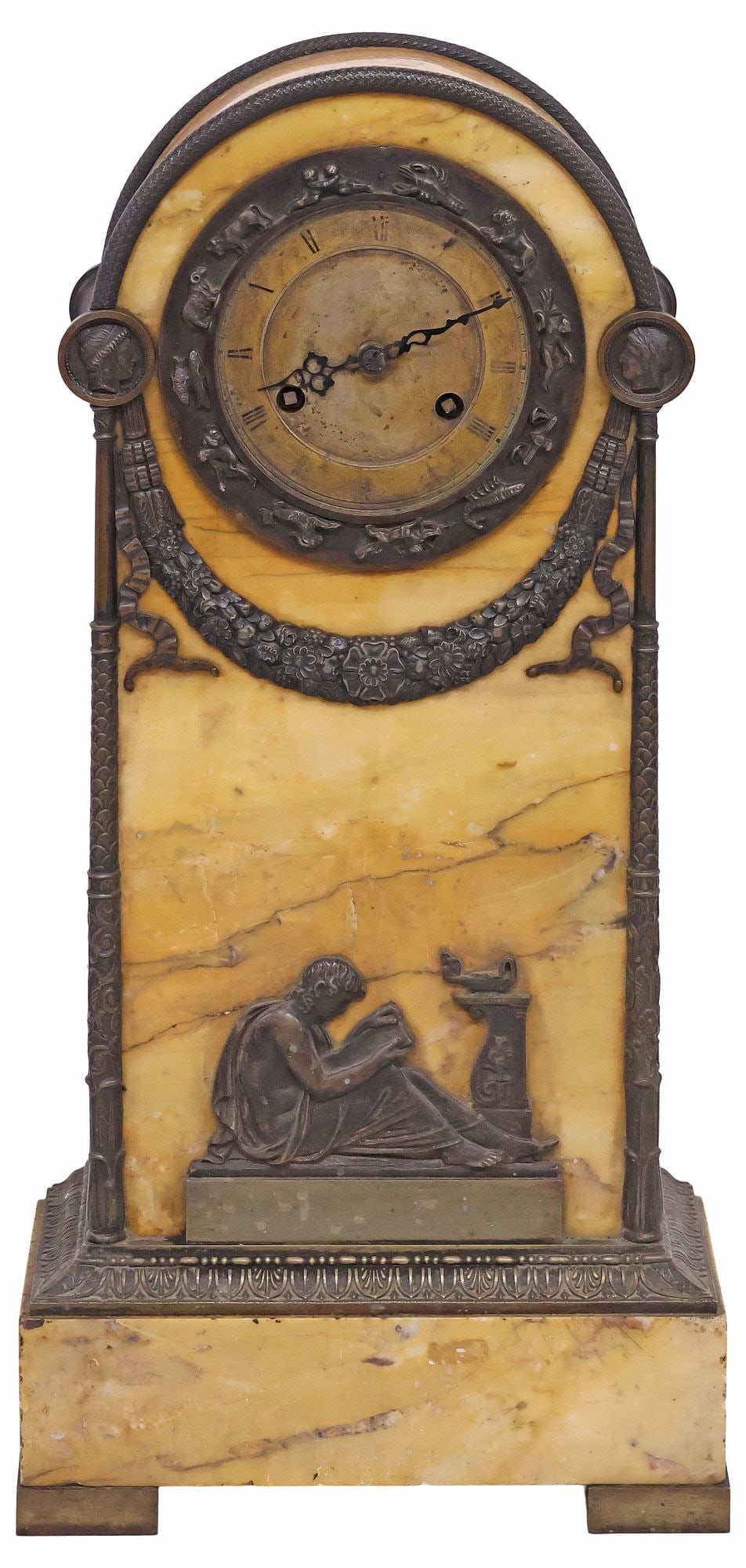 FRENCH LESIEUR EMPIRE PERIOD MARBLE & METAL MANTEL CLOCK: French Empire period sienna marble mantel clock, 19th c., with Neoclassical-style patinated metal mounts, having arched case with draped foliate garland and dual portrait masks, centering circular fra