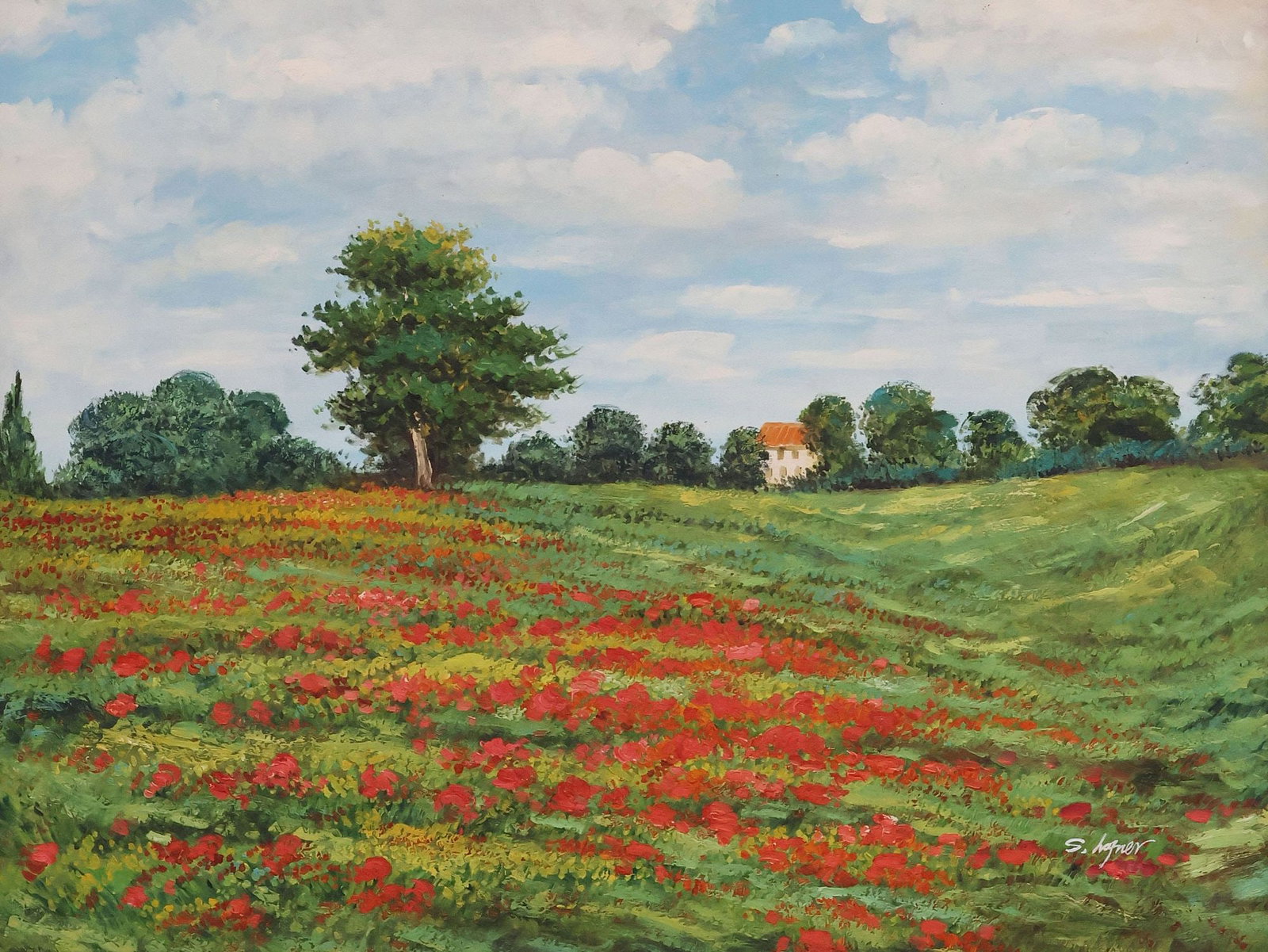 SIGNED S. WAGNER OIL PAINTING, TUSCAN FLOWER FIELD LANDSCAPE, 36" X 48": Framed oil on canvas painting, Tuscan Landscape with Field of Red Flowers, signed lower right S. Wagner (20th c.), sight: approx 35.5"h, 47.5"w, overall: approx 46"h, 58"w, 18.5lbs