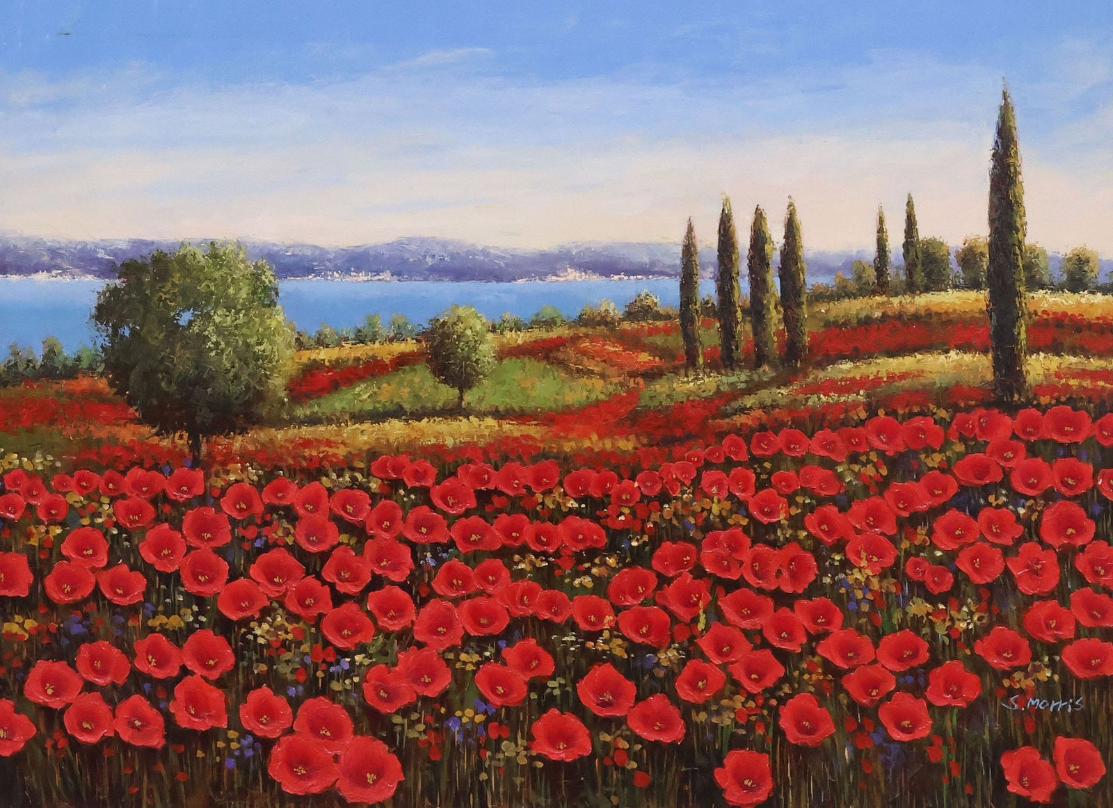 SIGNED S. MORRIS LANDSCAPE PAINTING, POPPIES & CYPRESS TREES, 24" X 36": Framed oil on canvas painting, Tuscan Landscape with Field of Red Poppies and Cypress Trees, signed lower right S. Morris (20th c.), sight: approx 23.5"h, 35.5"w, overall: approx 32.75"h, 44.75"w, 11.