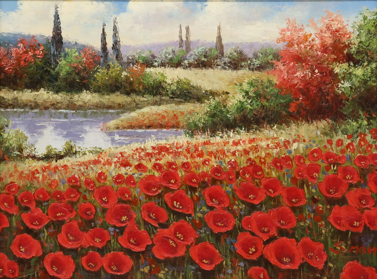 SIGNED S. MORRIS LANDSCAPE PAINTING, POPPIES & CYPRESS TREES, 12" X 16": Framed oil on canvas painting, Tuscan Landscape with Field of Red Poppies and Cypress Trees, signed lower right S. Morris (20th c.), signature partially concealed by frame, sight: approx 11.5"h, 15.5"