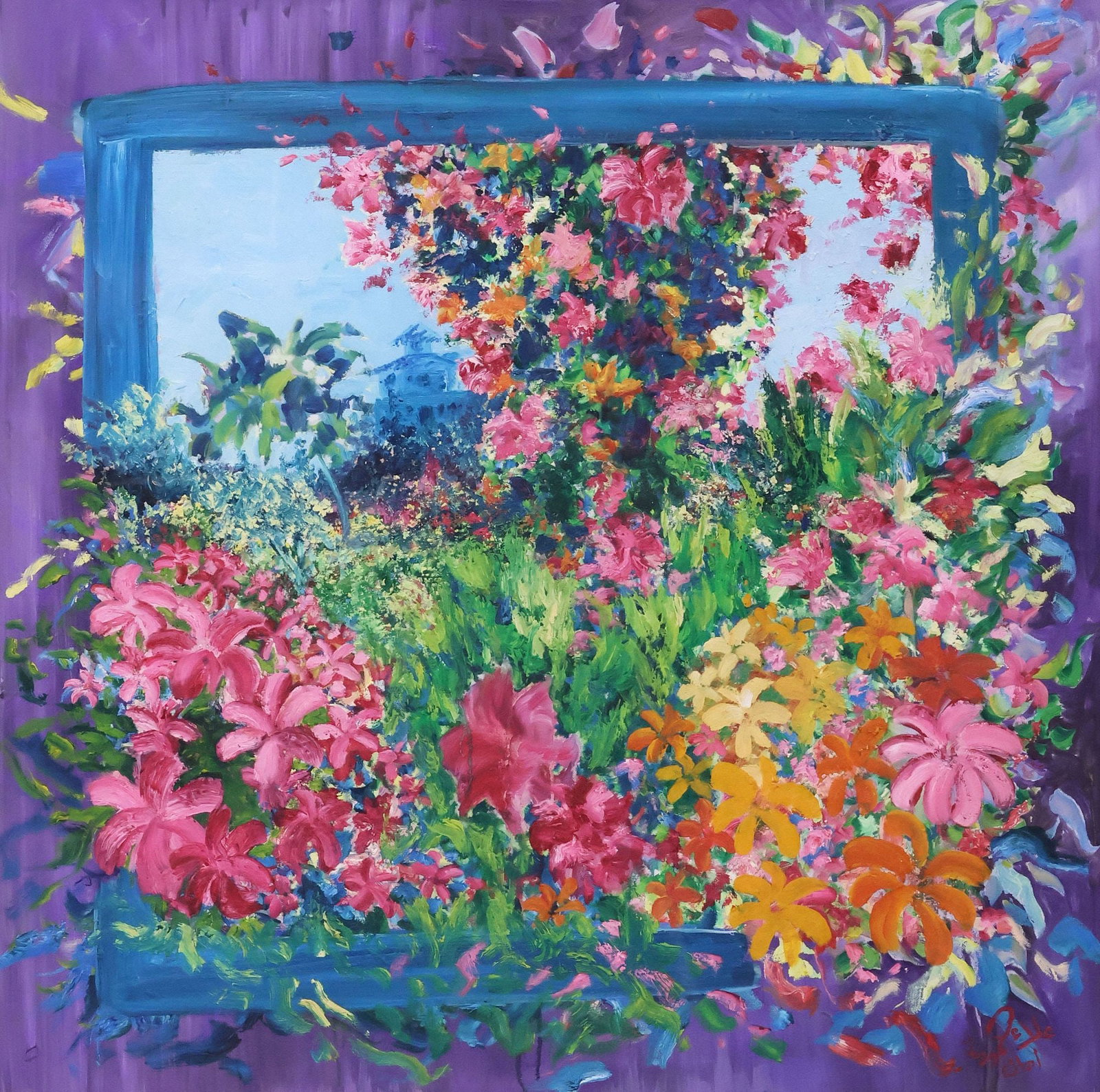 SIGNED OIL PAINTING, GARDEN SCENE WITH FLOWERS IN WINDOW, 36" X 36" (1 of 4)