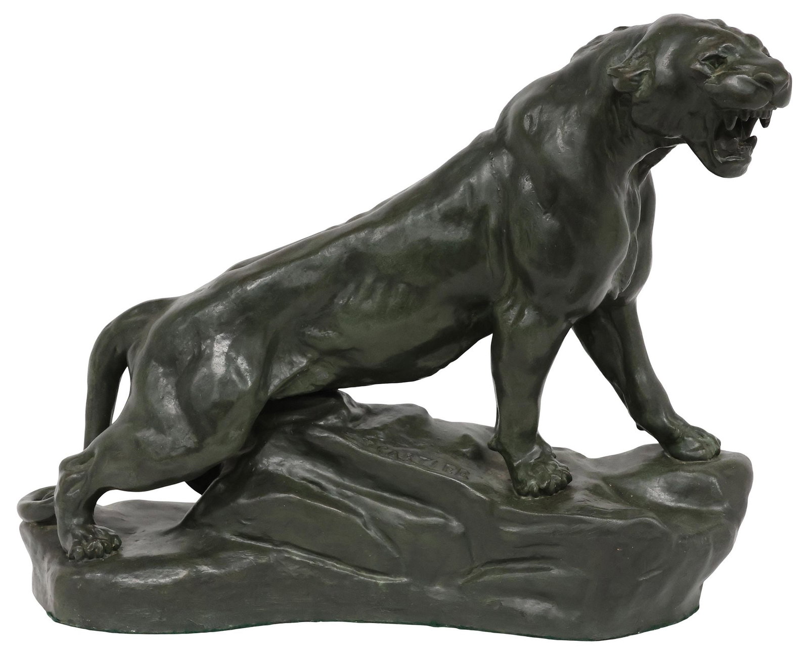 AFTER THOMAS CARTIER (FRENCH, D.1943) PATINATED SPELTER LION SCULPTURE: Patinated spelter animal sculpture, Roaring Female Lion, signed in cast after Thomas Francois Cartier (French, 1879-1943), on integral naturalistic base, approx 15.5"h, 19"w, 6"d, 14.75lbs