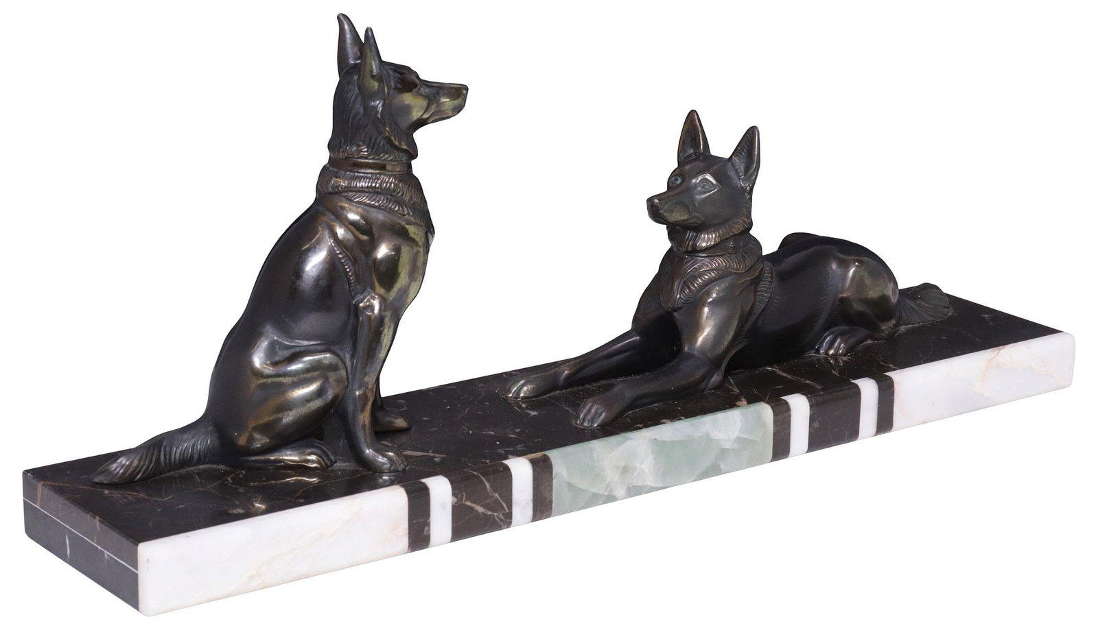 ART DECO PATINATED METAL SCULPTURE ON MARBLE BASE, SEATED DOGS (1 of 5)