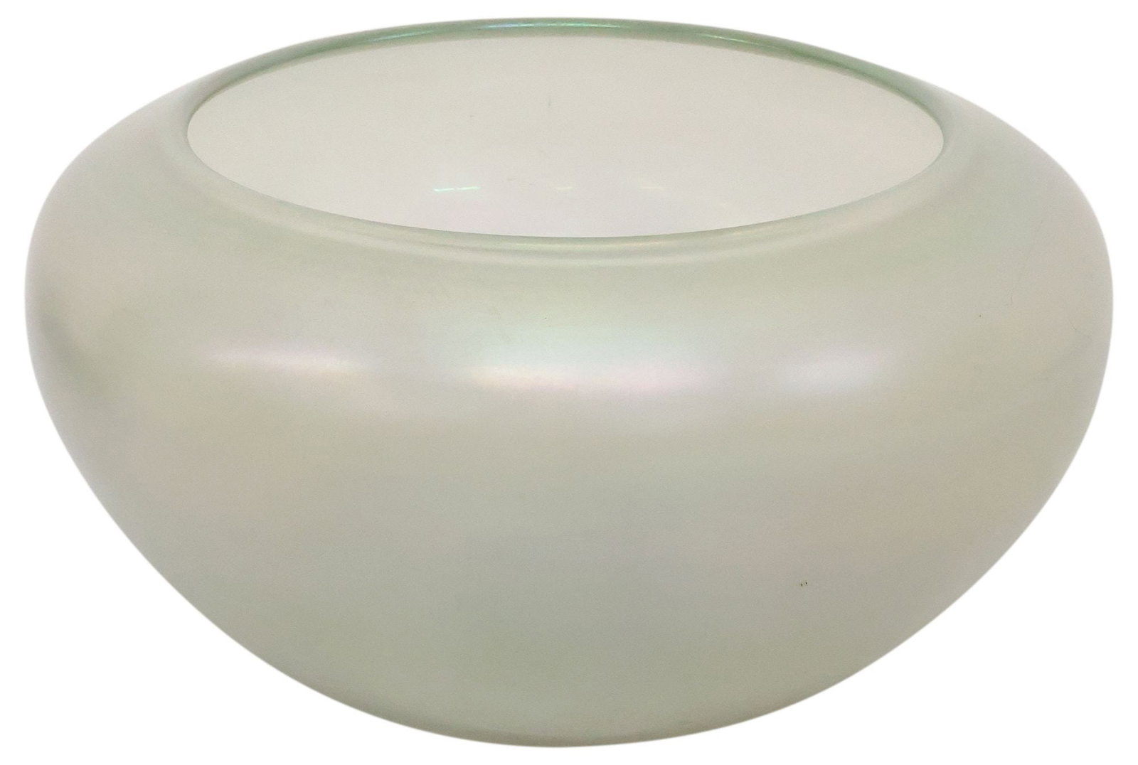 MONUMENTAL STEUBEN (ATTRIB.) LARGE IRIDESCENT ART GLASS CENTERPIECE BOWL, 18"DIAM: Large studio art glass centerpiece bowl, attributed to Steuben, New York, shape number 2687, Aqua Marine glass in an iridescent finish, having tapering body and rounded rim, unmarked, approx 9.5"h, 18