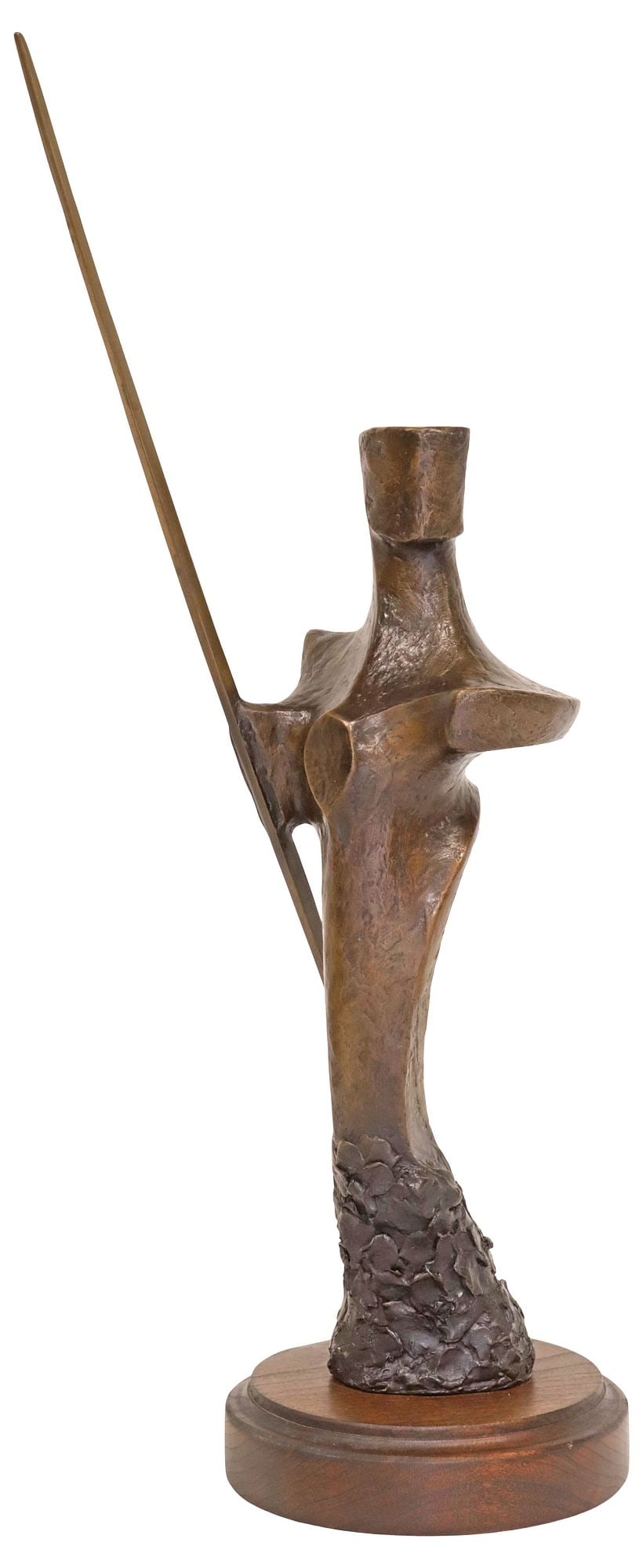 TRAVIS RAYMOND OGDEN JR. (TX, B.1948) BRONZE SCULPTURE, 'THE GUARDIAN': Patinated bronze sculpture, "The Guardian," signed near base T. Ogden (Travis R. Ogden Jr., Texas, Colorado, b.1948), mounted on circular hardwood base, bronze only: approx 16"h, figure with spear: ap