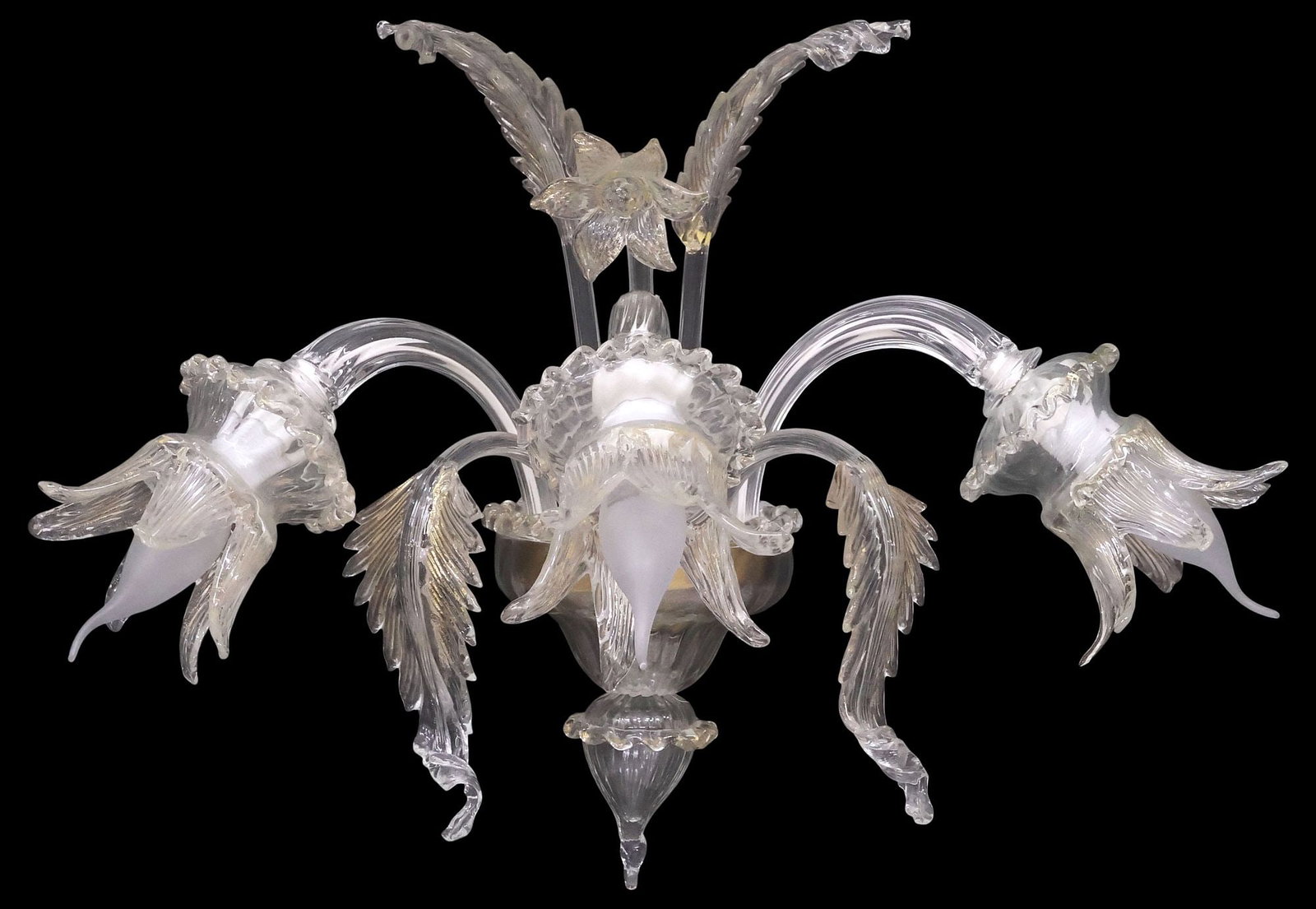 ITALIAN MURANO PARCEL-GILT ART GLASS 3-LIGHT WALL SCONCE: Italian Murano parcel-gilt colorless art glass three-light sconce, 20th c., reeded basin with applied rigaree, issuing molded foliates and stemmed trumpet flower, curved arms terminating at floriform 