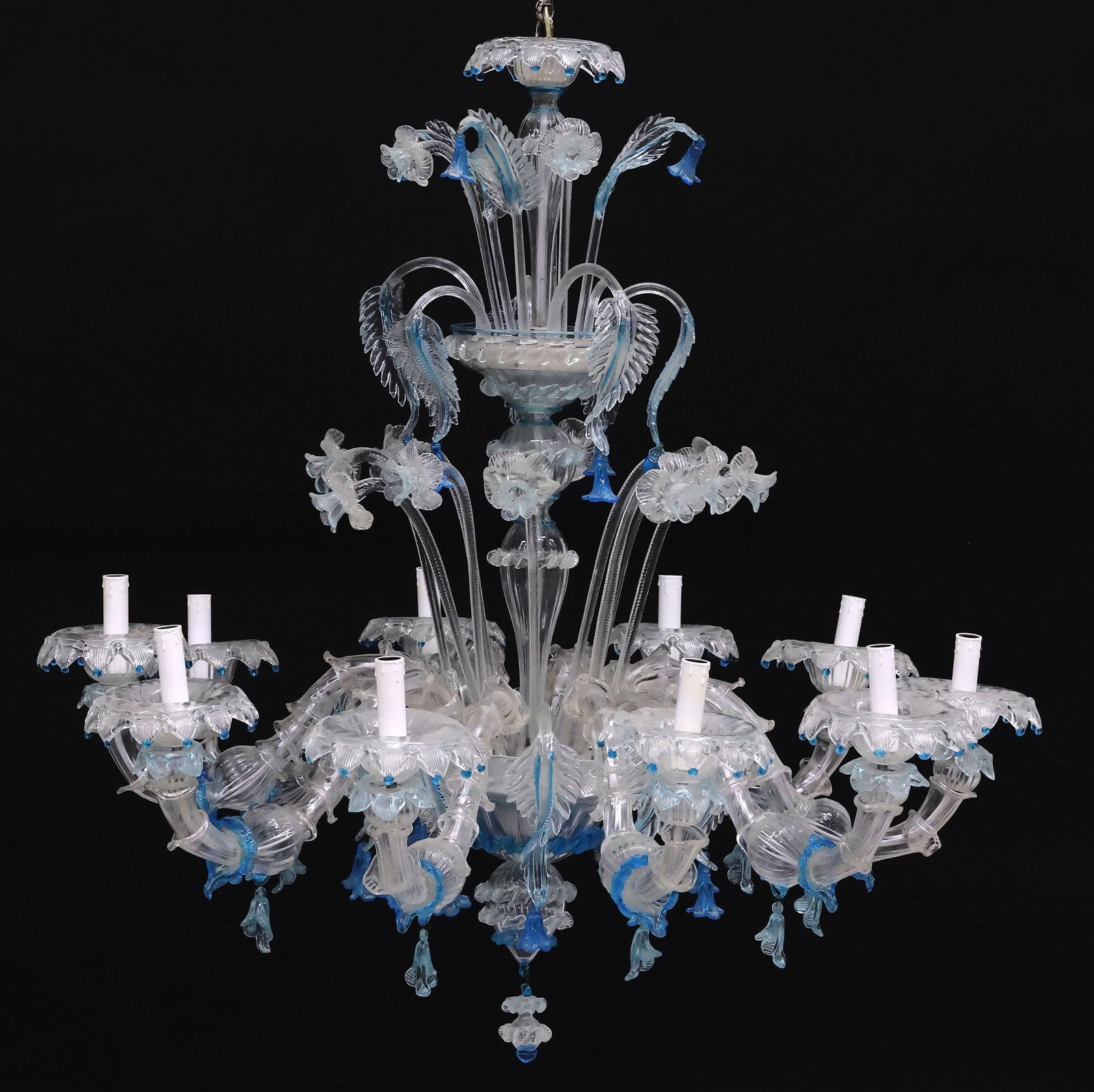 LARGE ITALIAN MURANO ART GLASS 'FLORAL & FOLIATE' 10-LT CHANDELIER: Fine Italian Murano colored art glass ten-light chandelier, 20th c., colorless and aqua blue colorway, turned-form central standard encircled by tiered frame with molded foliates and daffodils, lower 