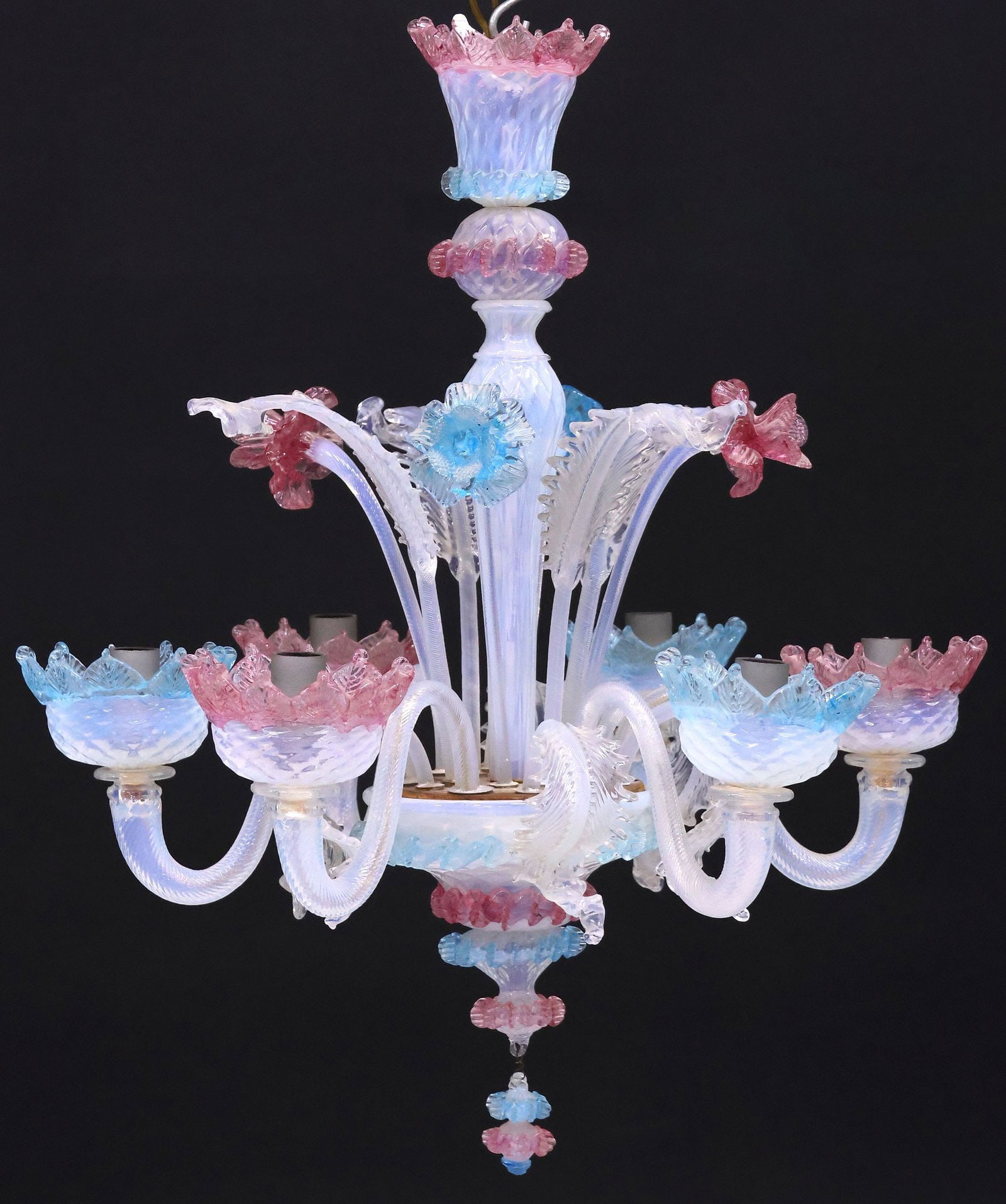 ITALIAN MURANO COLORED ART GLASS 6-LIGHT CHANDELIER: Italian Murano colored art glass six-light chandelier, 20th c., in a translucent white, blue, and pink colorway, turned central standard encircled by molded foliates and trumpet flowers, issuing scrol
