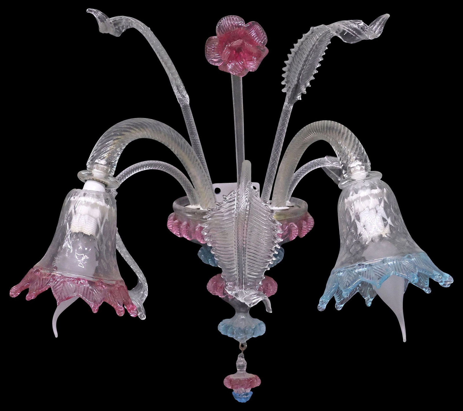 ITALIAN MURANO COLORED ART GLASS 2-LIGHT WALL SCONCE: Italian Murano colored art glass two-light sconce, 20th c., in a blue, pink, and colorless colorway, tapered bowl with applied rigaree, issuing scrolled foliates and central stemmed. flower, curved ar