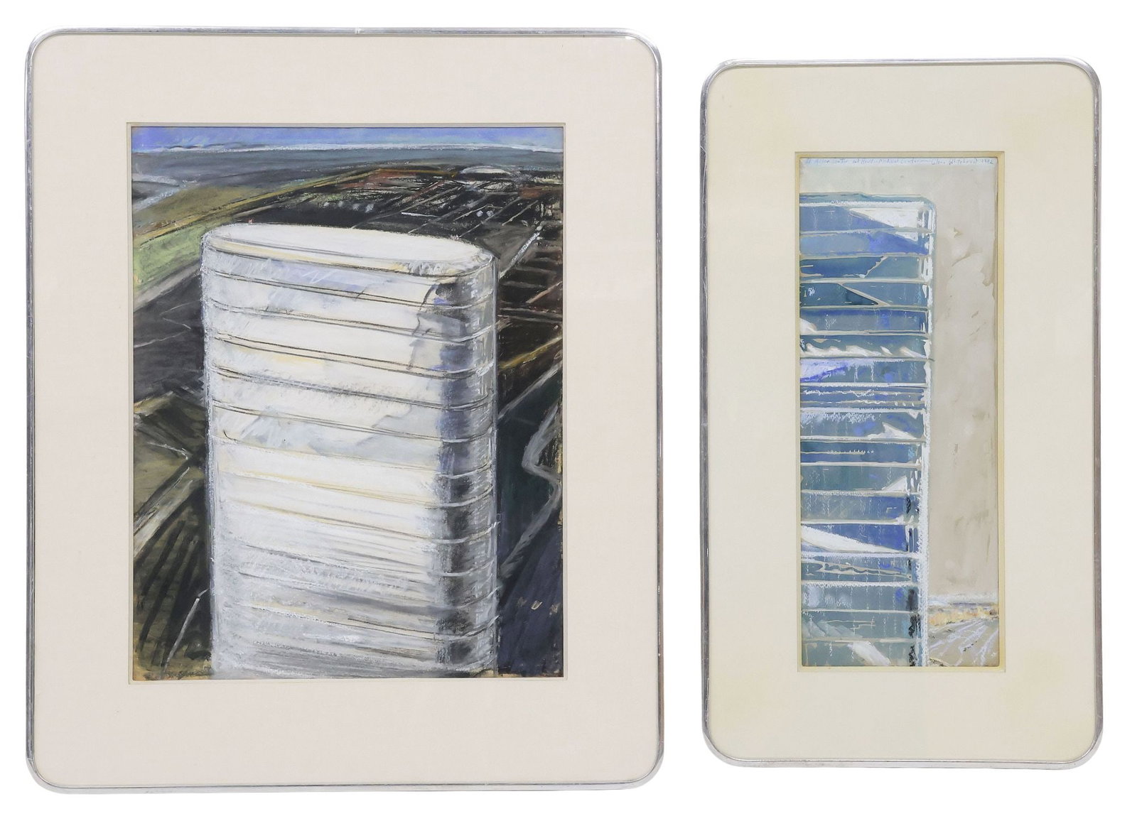 (2) GLENN WHITEHEAD (B.1940) OIL PASTEL DRAWINGS, HOUSTON MEDICAL CENTER: (lot of 2) Framed oil pastel drawings on paper, by Glenn Whitehead (American, b.1940), including: (1) "4 Allen Center," signed upper right dated 1982, titled upper left, with watercolor embellishments