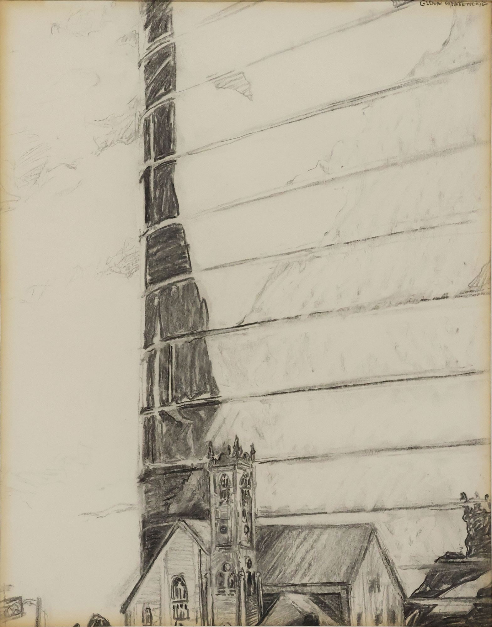 GLENN WHITEHEAD (B.1940) ARCHITECTURE DRAWING, HOUSTON ANTIOCH BAPTIST CHURCH: Framed black crayon drawing on paper, Antioch Missionary Baptist Church, Houston, Texas, signed upper left Glenn Whitehead (American, b.1940), toning to sheet near margins, sight: approx 23.5"h, 18.25