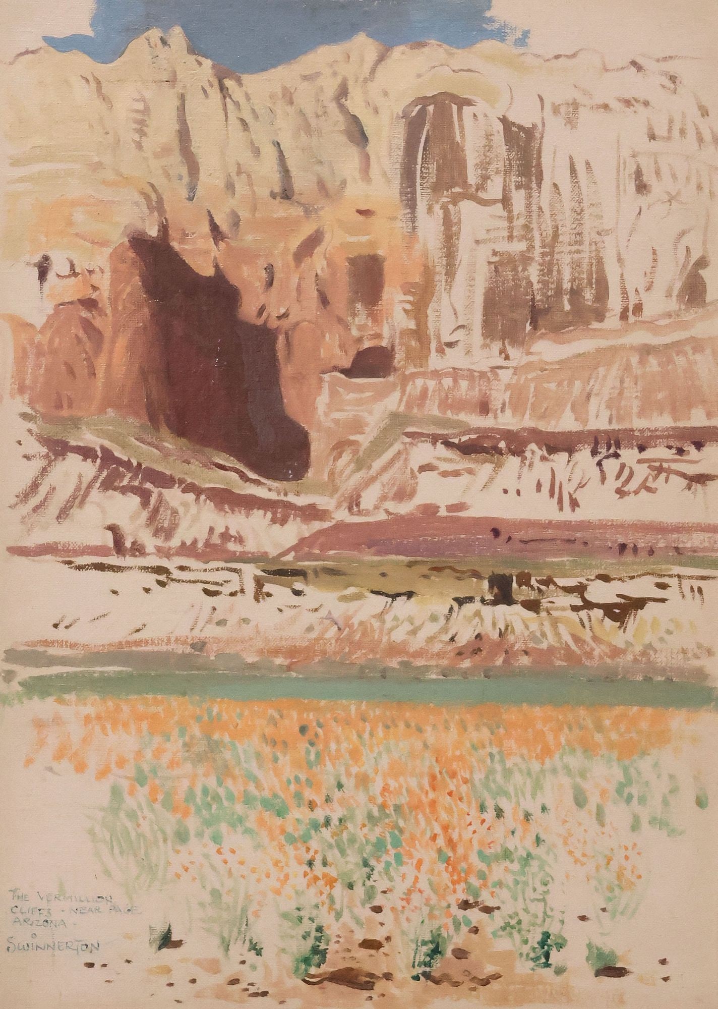JAMES SWINNERTON (1875-1974) LANDSCAPE PAINTING, ARIZONA CLIFFS, 16" X 20": Matted oil on canvas panel painting, "The Vermillion Cliffs Near Pace Arizona," signed lower left Swinnerton (James Swinnerton, California, 1875-1974), dated May 15th, [19]66 with additional signature