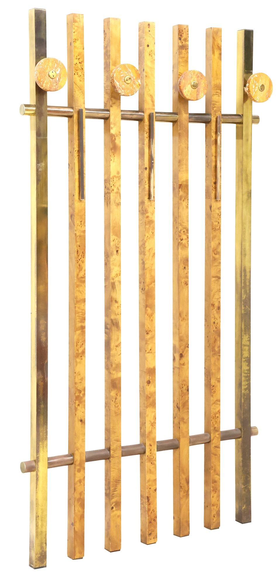 MID-CENTURY MODERN SLATTED BURLWOOD & BRASS WALL-MOUNT HALL TREE (1 of 4)