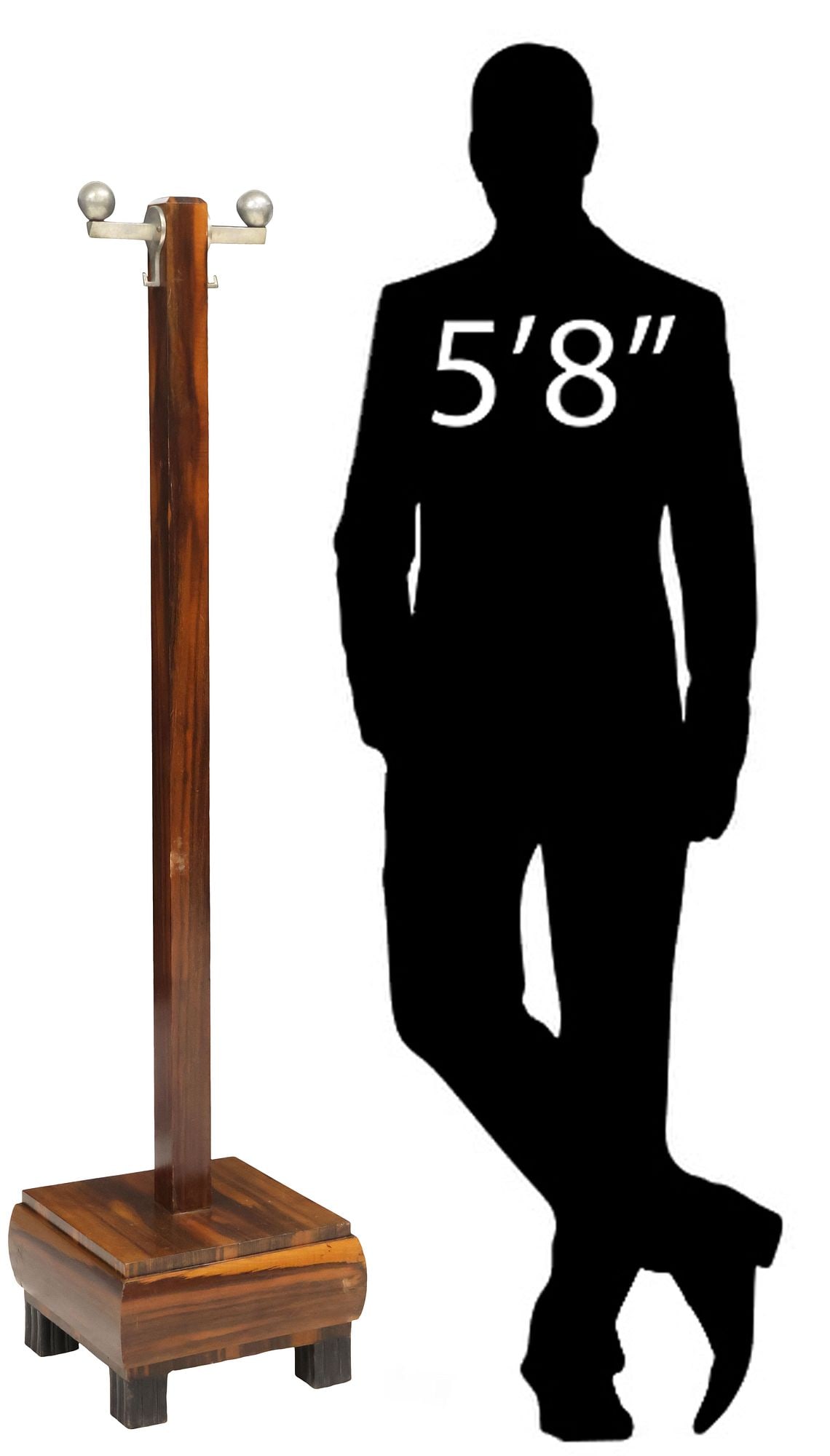 ITALIAN MID-CENTURY MODERN ROSEWOOD STANDING HALL TREE: Italian mid-century modern rosewood standing hall tree, c.1960s, two chromed metal hooks with spherical finials, over square standing, ending on square platform base and block feet, approx 63.5"h