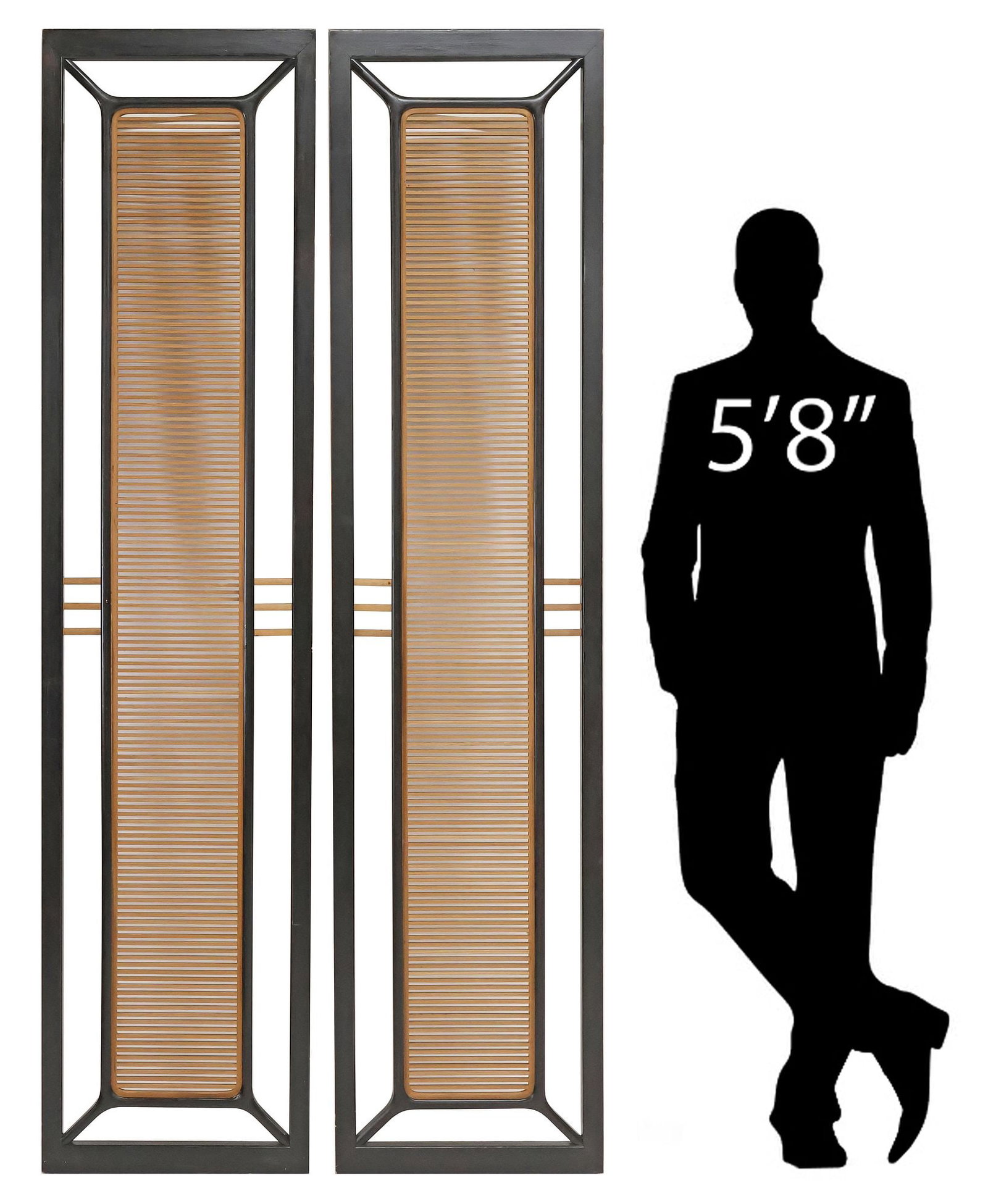 (2) SLATTED WOOD ARCHITECTURAL PANELS WITH EBONIZED TRIM, 80.75"H: (pair) Architectural wood wall panels, 20th c., each having ebonized trim, surrounding horizontally slatted center, approx 80.75"h, 19"w, 1.25"d **Provenance: Fred Nevill Antiques, one of Houston Texa