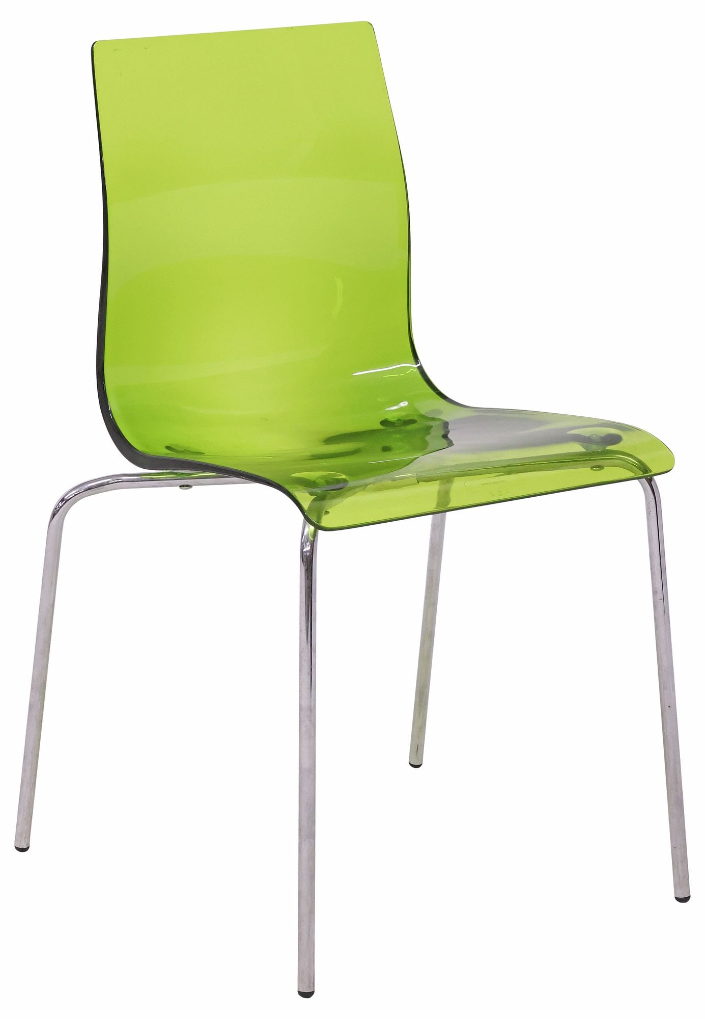 ITALIAN ROBERTO FOSCHIA (ATTRIB.) COLORED ACRYLIC & CHROME SIDE CHAIR: Contemporary Italian colored acrylic (perspec) chair, attributed to Roberto Foschia, 21st c., curvilinear back and seat in a transparent lime green colorway, rising on tubular chromed legs, front lip 