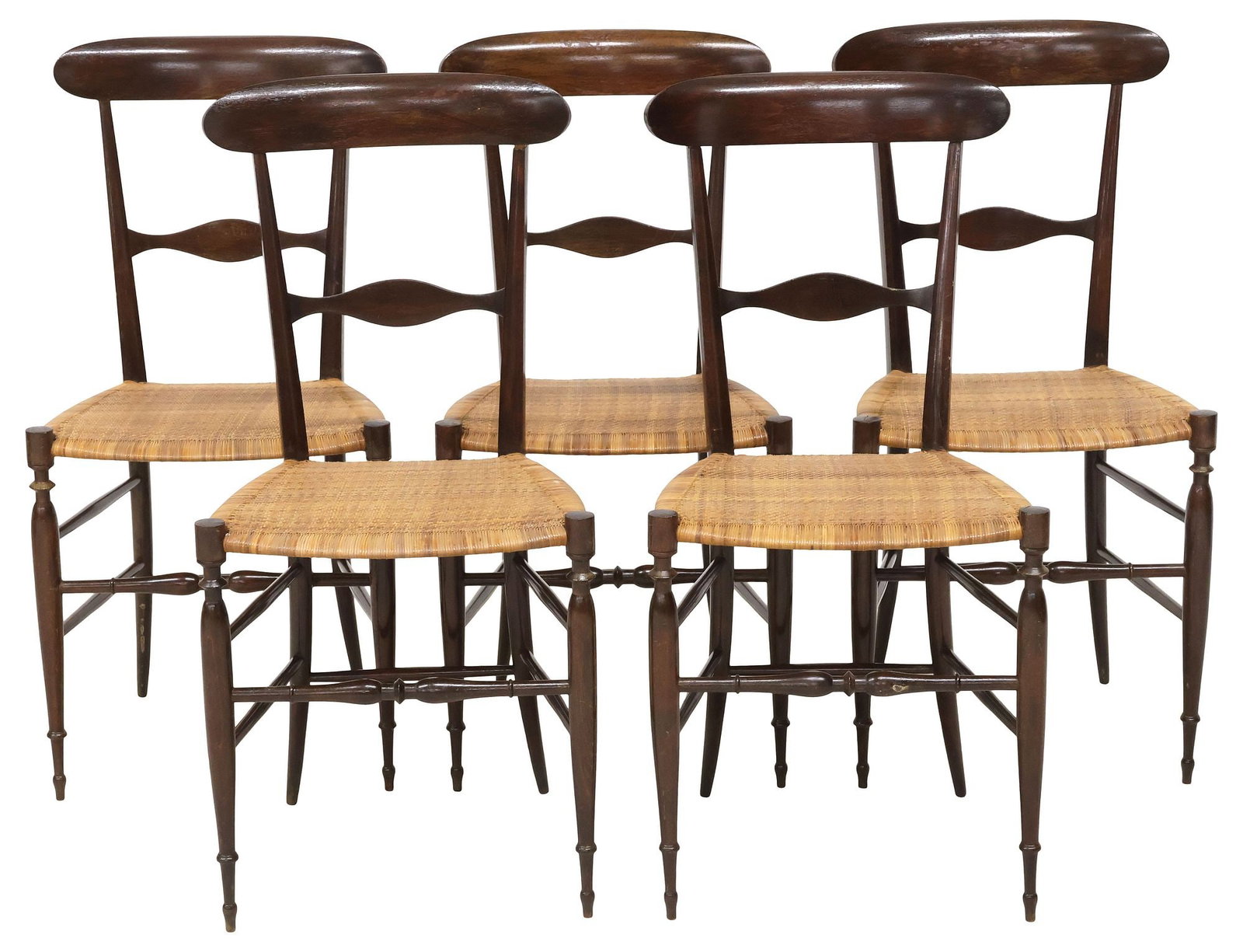 (5) FRATELLI LEVAGGI (ATTRIB.) WALNUT & WOVEN RATTAN CHAIRS: (lot of 5) Italian Chiavari style walnut chairs, attributed to Fratelli Levaggi, c.1950s, each with curved back and convex splat, over woven rattan seat, on stretcher-joined tapered and splayed legs, 