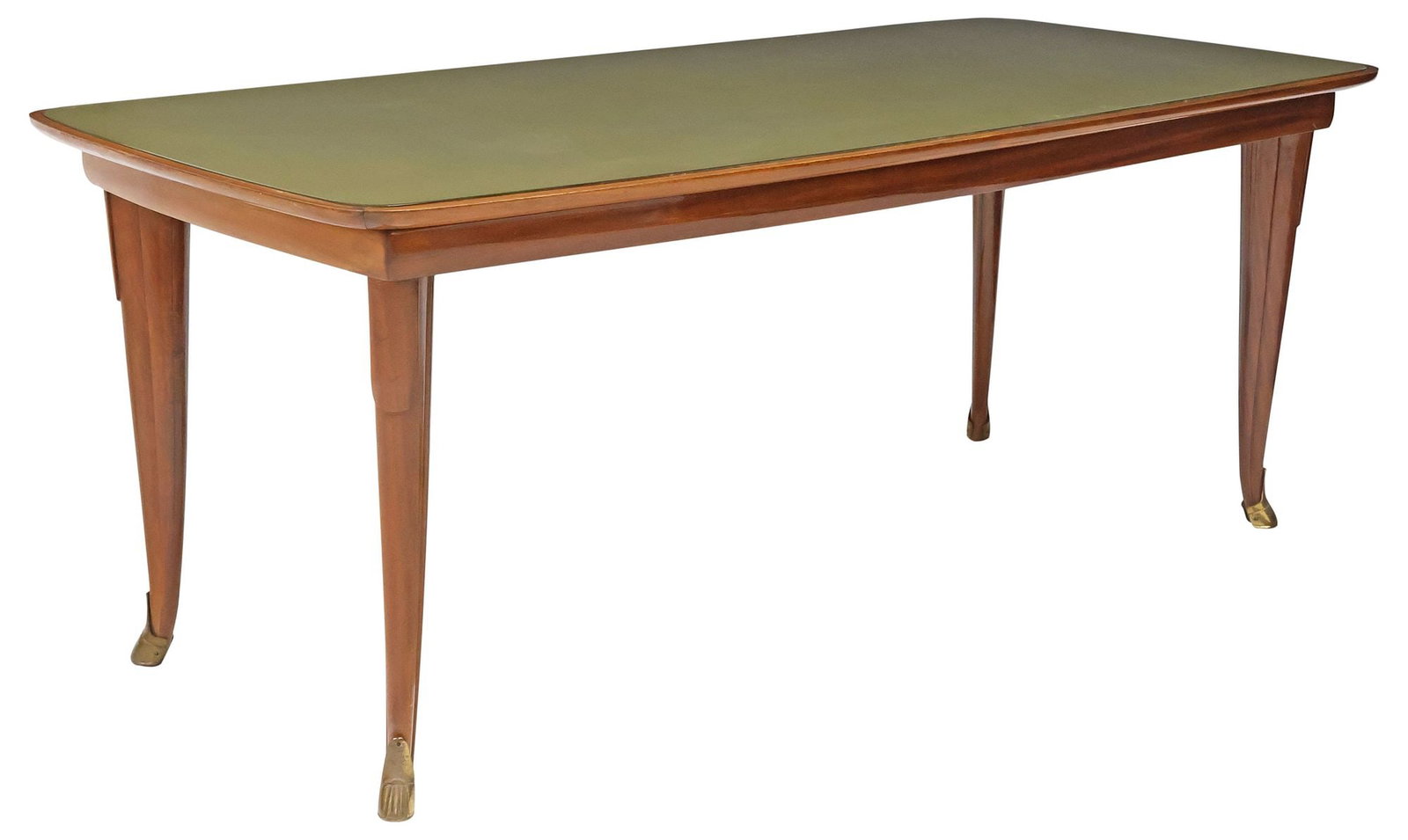 ITALIAN MID-CENTURY MODERN GLASS-TOP MAHOGANY DINING TABLE: Italian mid-century modern mahogany dining table, c.1950s, having rounded inset glass top, raised on tapered legs, ending on brass hoof-form sabots, approx 30"h, 78"w, 38"d, floor to bottom of apron (