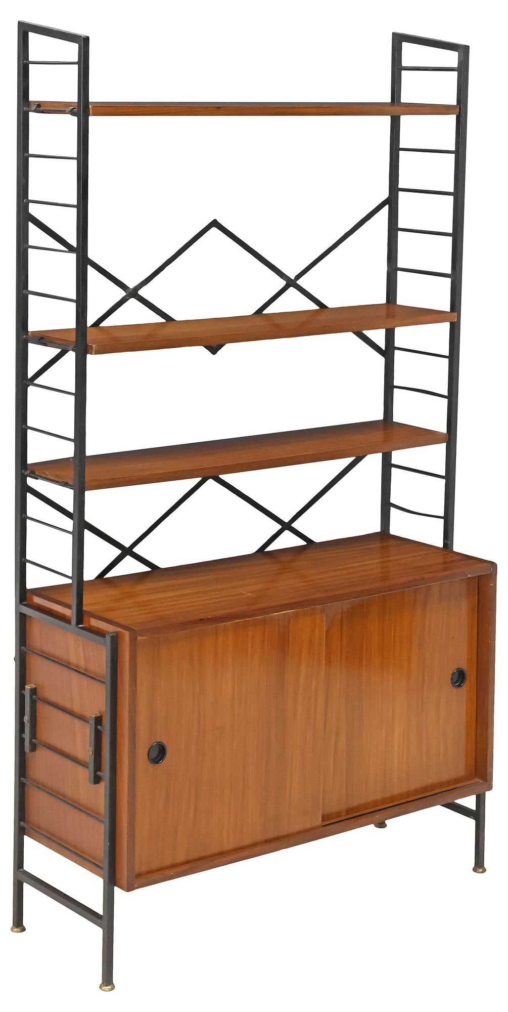 ITALIAN MID-CENTURY MODERN STEEL & TEAK BOOKCASE: Italian mid-century modern teak bookcase, c.1960s, black-painted steel frame, supporting three adjustable-height teak shelves, over case with dual sliding doors, revealing a single fixed-height shelf,