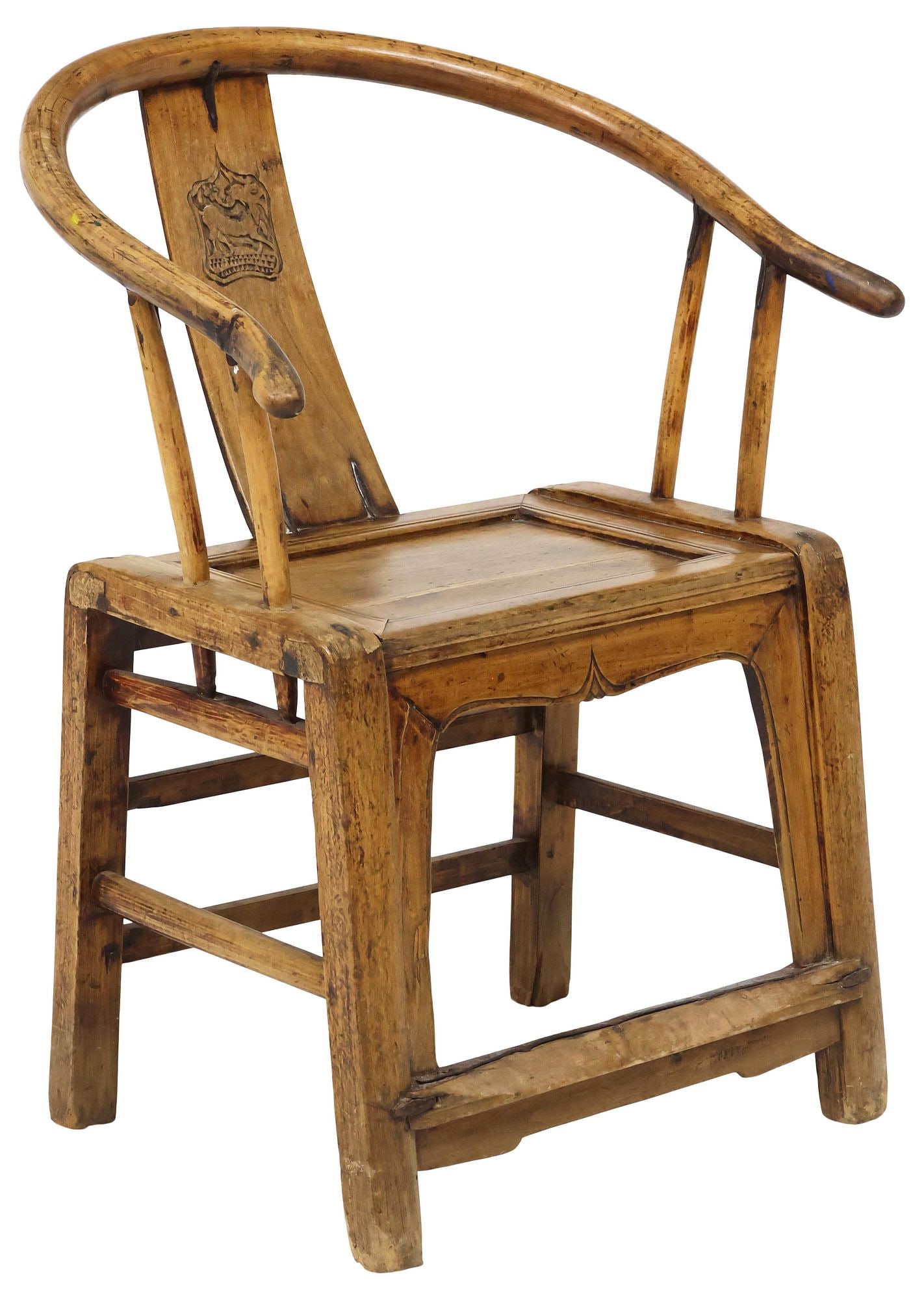 CHINESE CARVED HARDWOOD HORSESHOE ARMCHAIR: Chinese carved hardwood armchair, fitted with wrought iron mounts, having horseshoe back with carved back splat, rising on stretcher-joined legs, approx 36.25"h, 26.75"w, 24.5"d, seat height: approx 2