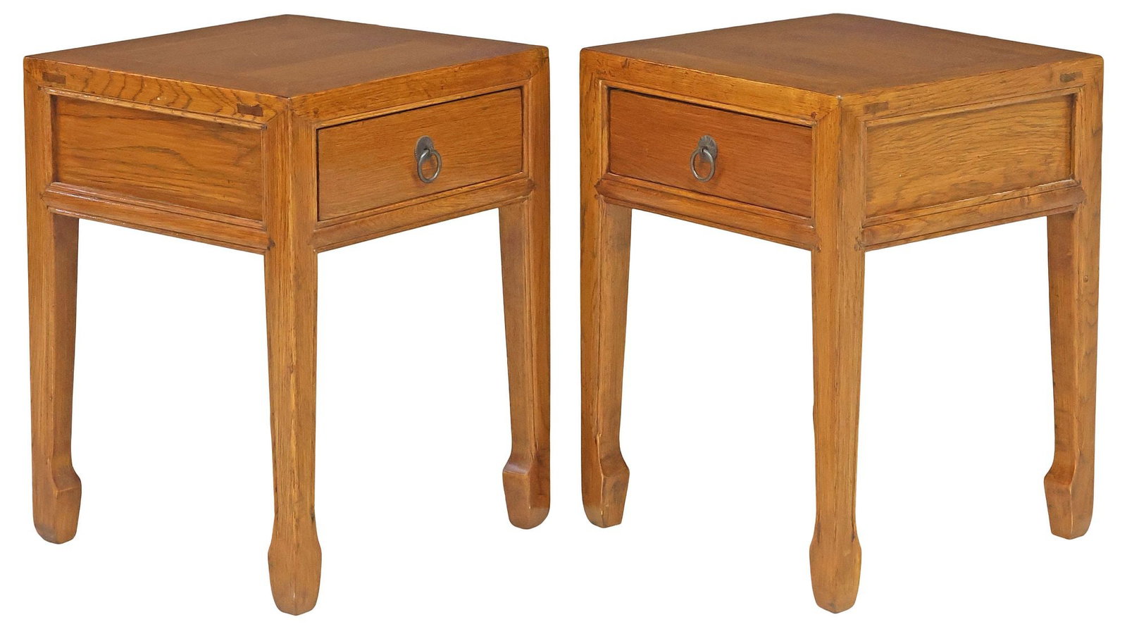 (2) CHINESE ELM SINGLE-DRAWER NIGHTSTANDS: (pair) Chinese elm bedside cabinets, square top with matched trim, fitted with single drawer, rising on straight legs, ending on mati horse hoof feet, approx 21"h, 16"w, 16"d