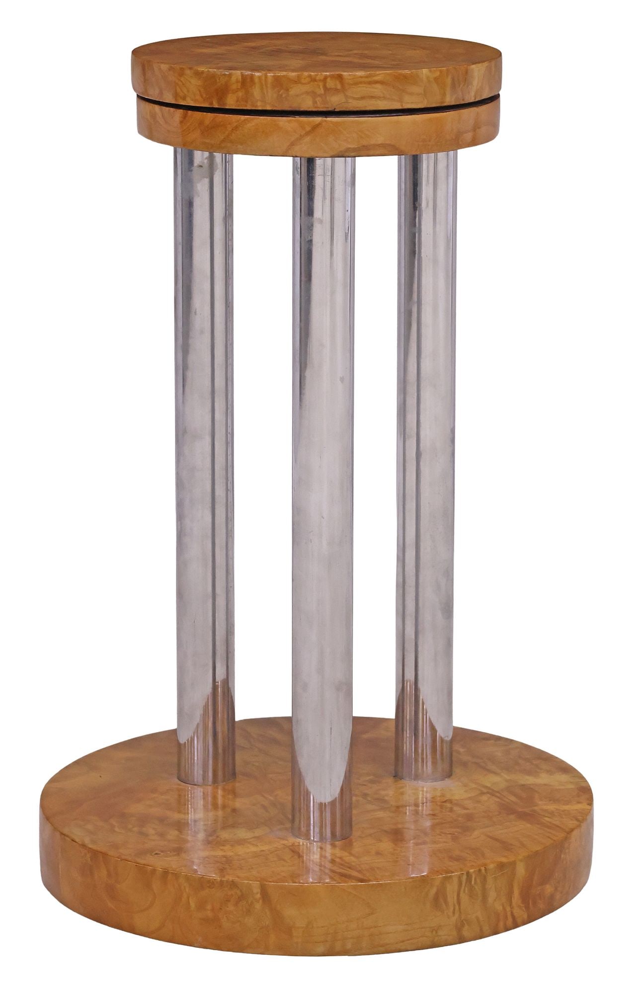 ART DECO STYLE BURLWOOD & CHROMED METAL PEDESTAL SIDE TABLE: Art Deco style burlwood side table/ pedestal stand, 20th c., having circular top, rising on columnar chromed metal supports, ending on platform base and bun feet, chips to feet, approx 22.5"h, 14.75"d