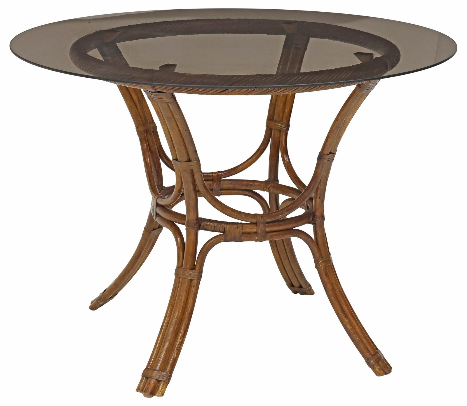 MODERN ITALIAN BAMBOO & RATTAN GLASS-TOP CENTER TABLE: Modern Italian bamboo and rattan center table, 20th c., circular smoked glass top, on conforming stretcher-joined base, approx 28.5"h, 40.25"diam
