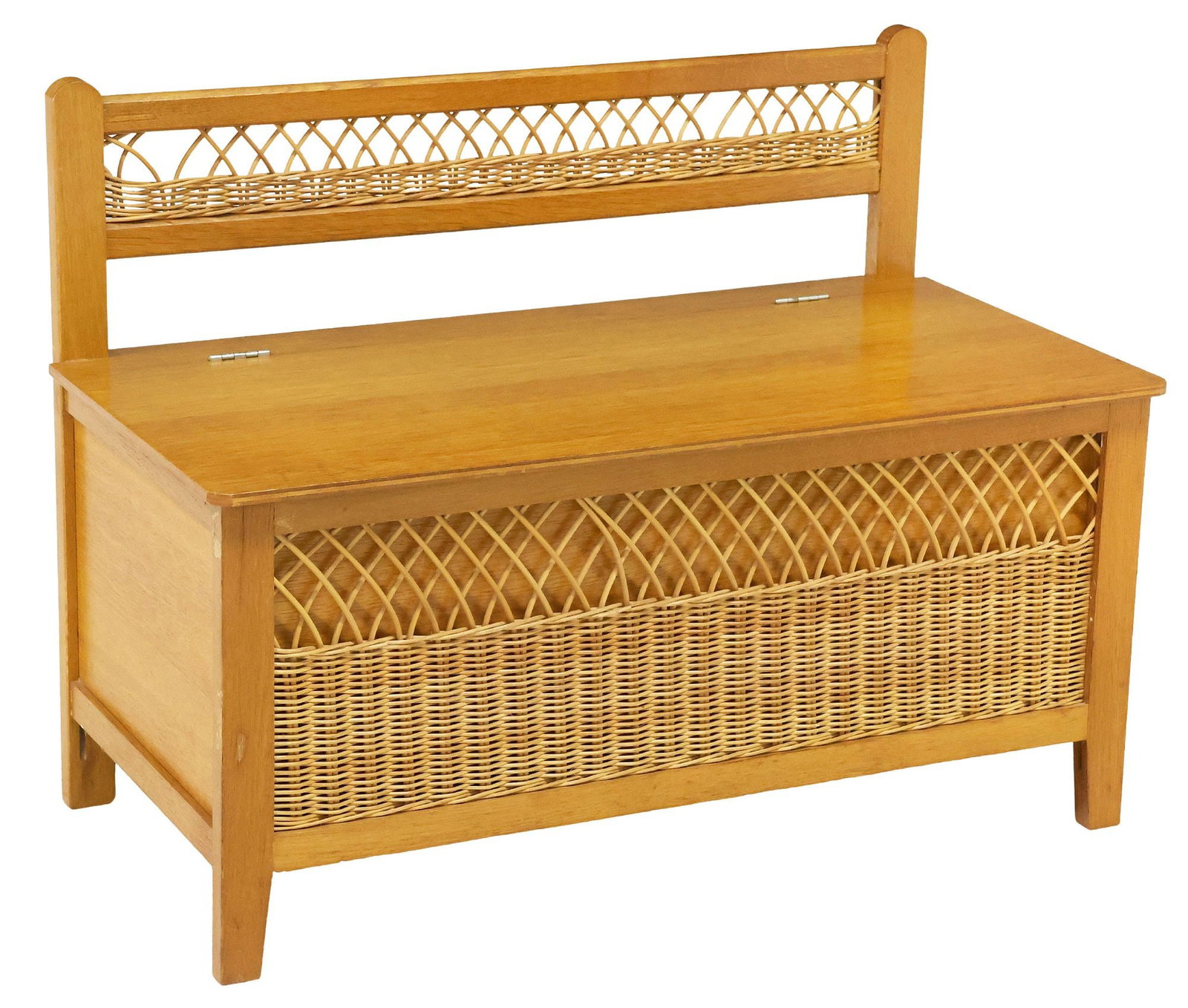 FRENCH MID-CENTURY MODERN OAK & RATTAN PETITE HALL BENCH / CHEST (1 of 5)