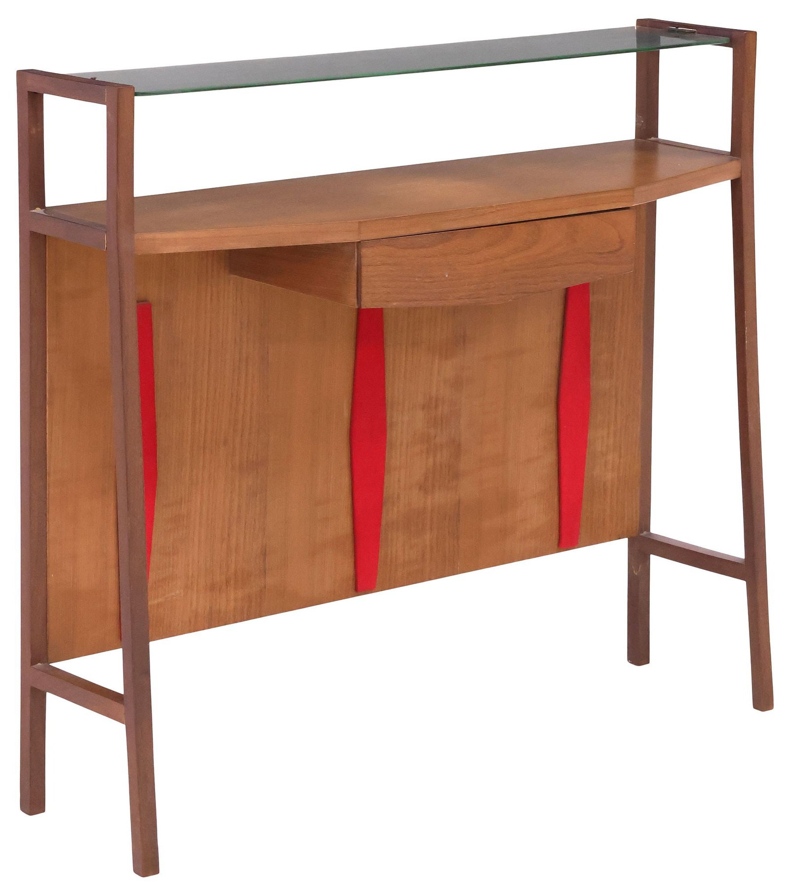 ITALIAN MID-CENTURY MODERN TEAK 1-DRAWER CONSOLE TABLE: Italian mid-century modern teak console table, c.1960s, having open glass shelf, above shaped top fitted with single drawer, lower backsplash with red fabric-lined paneling, on laddered supports, appr