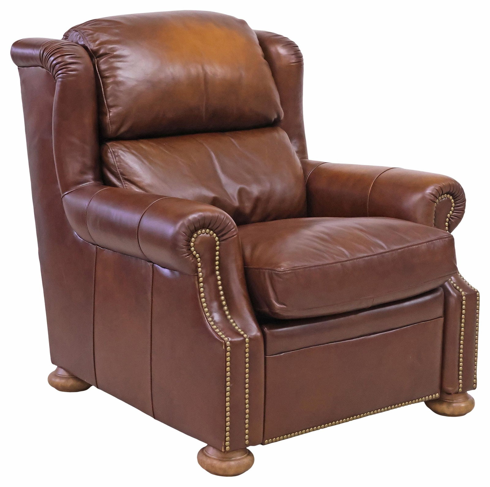 CONTEMPORARY CENTURY TRADING COMPANY LEATHER RECLINER CHAIR: Contemporary brown leather reclining armchair, Century Trading Company, 21st c., having removable seat cushion and nailhead trim, controls fitted with single USB-A port, rising on bun feet, both USB p